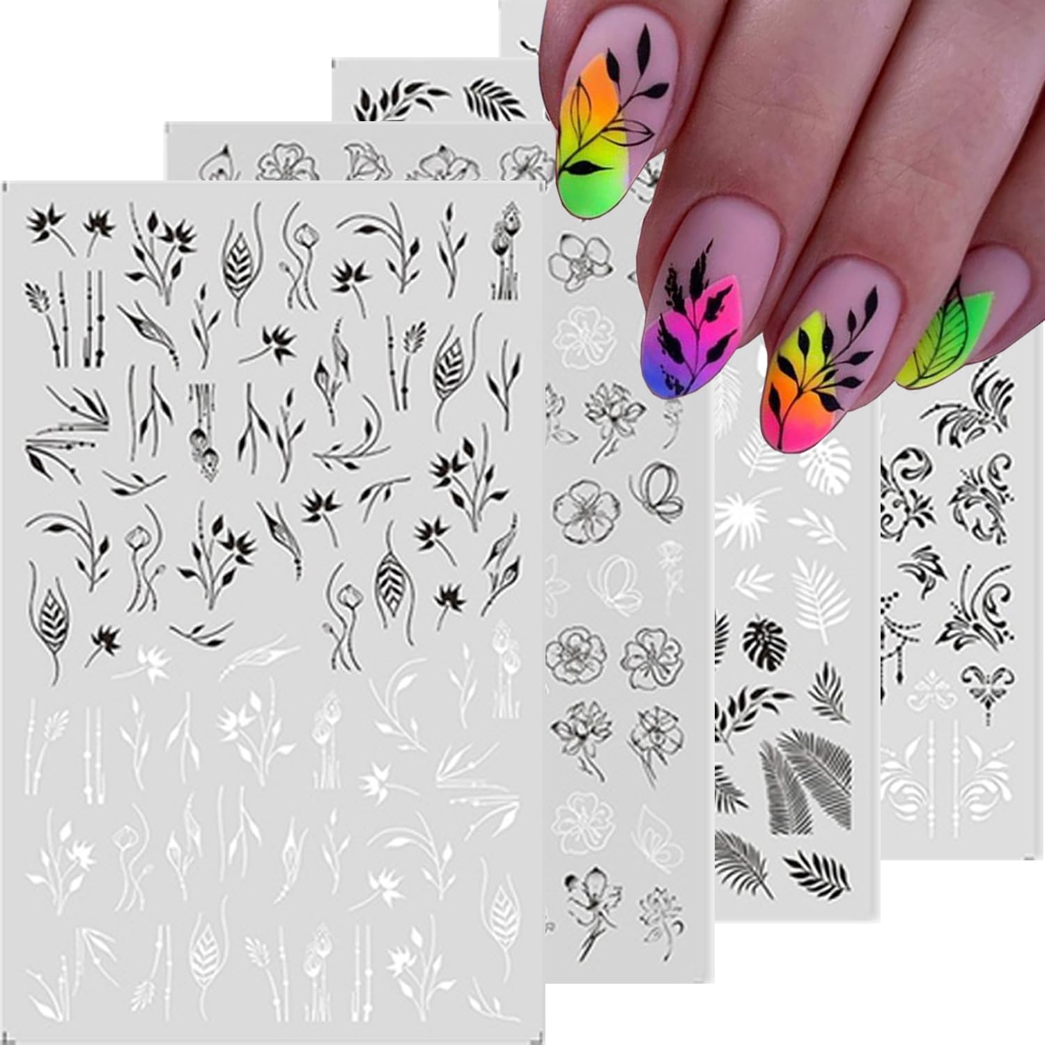 3D Self-Adhesive Nail Stickers - Black & White Floral Vine Leaf Nail Art Decals for Girls, DIY Nail Design Decorations | Perfect for Nail Salons, Home Manicures & Party Nail Art