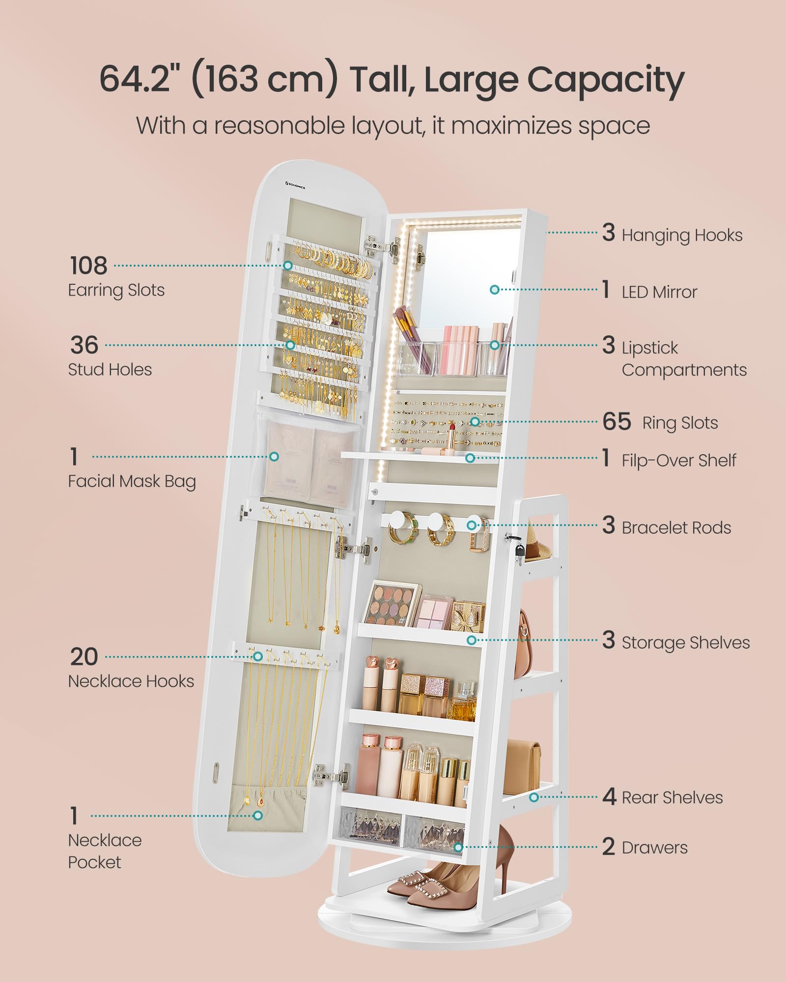 SONGMICS LED Jewelry Organizer Cabinet - 360° Swivel Standing Mirror with Lock, Full-Length Cloud White Jewelry Storage with Shelves & Interior Mirror | Perfect for Bedroom, Dressing Room & Closet Organization