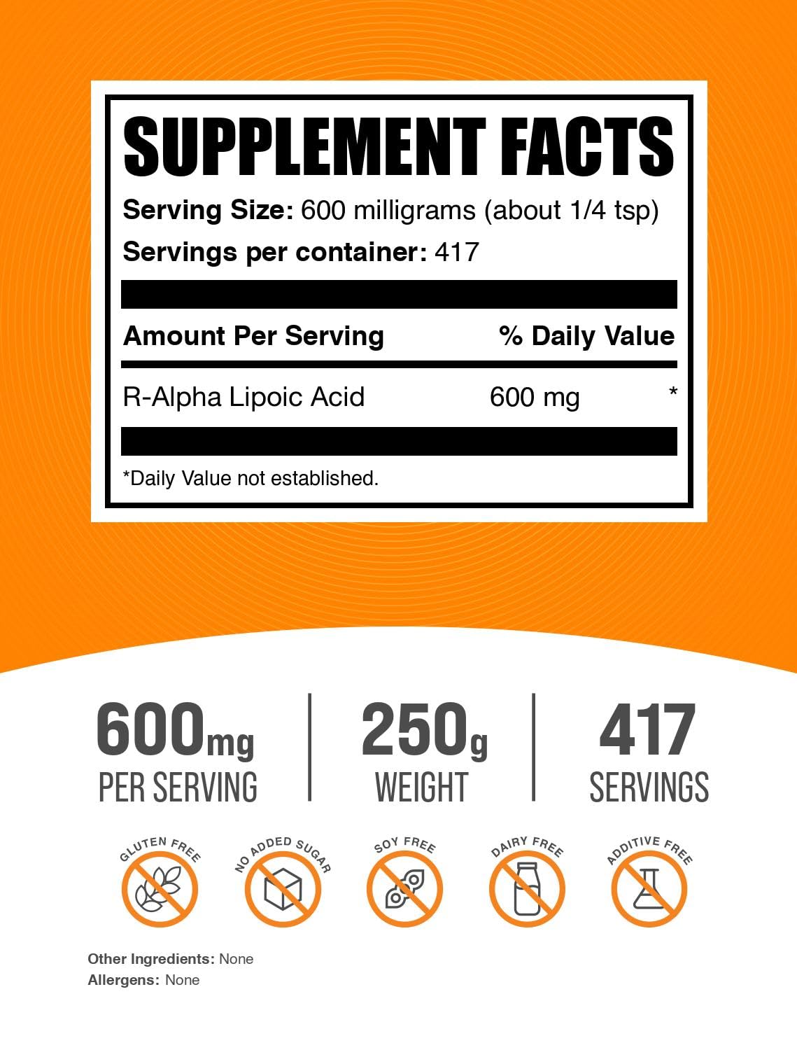 BulkSupplements.com R-Alpha Lipoic Acid Powder 600mg - Premium R-ALA Antioxidant Supplement, Gluten Free, 250g (8.8 oz) - Supports Energy Metabolism & Cellular Health - Perfect for Daily Wellness & Anti-Aging Routine