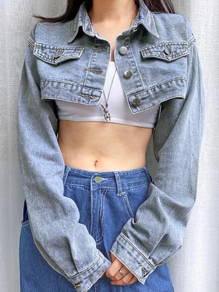 Vintage Long Sleeve Crop Denim Jacket for Women - Distressed Denim Bomber Jacket & Cardigan Coat - Spring & Fall Casual Outerwear - Perfect for Street Style, Date Nights & Weekend Outings
