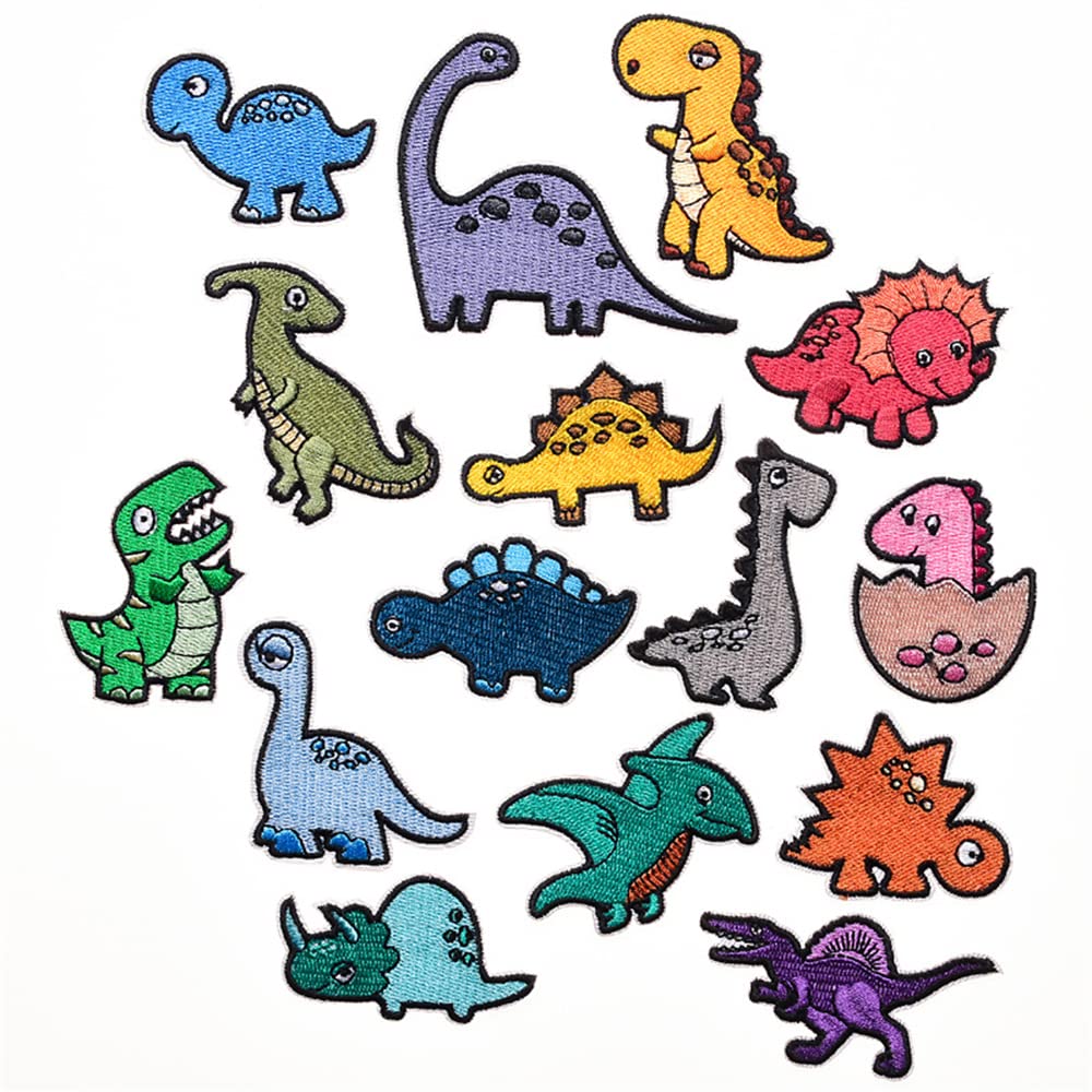 15 Pcs Iron On Embroidered Dinosaur Patches - Assorted Sizes Applique Kit for DIY Clothes, Jackets, Backpacks & Jeans - Perfect for Kids' Crafts, Costume Design & Fashion Upcycling (Dinosaur3)