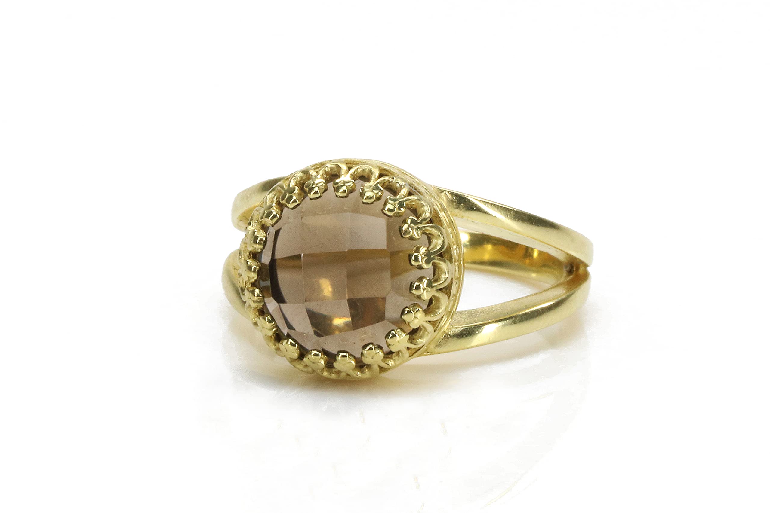 14K Gold-Filled Smoky Quartz Faceted Ring for Women - 10mm Handcrafted Double Band Jewelry - Perfect for Weddings, Parties & Everyday Wear - Gift Box Included