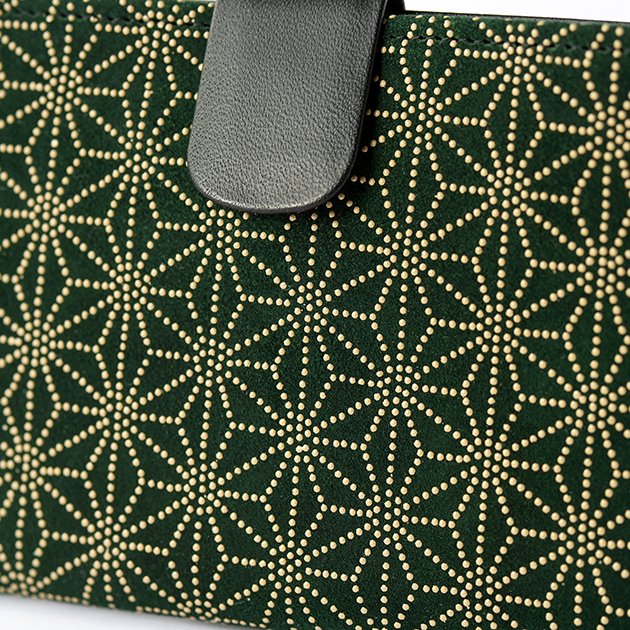 Premium Japanese Deerskin Leather Long Wallet with Urushi Lacquer - Asanoha Hemp Leaf Pattern, Dark Green - Handmade in Japan - Perfect for Gifts, Travel & Everyday Use