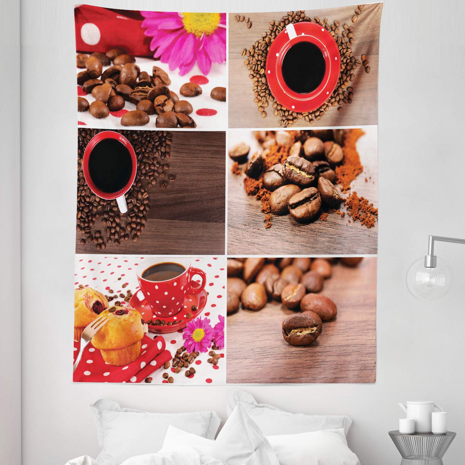 Ambesonne Coffee Tapestry Twin Size - Coffee Lover's Wall Hanging with Mugs, Polka Dots, Flowers & Beans Photography - 68