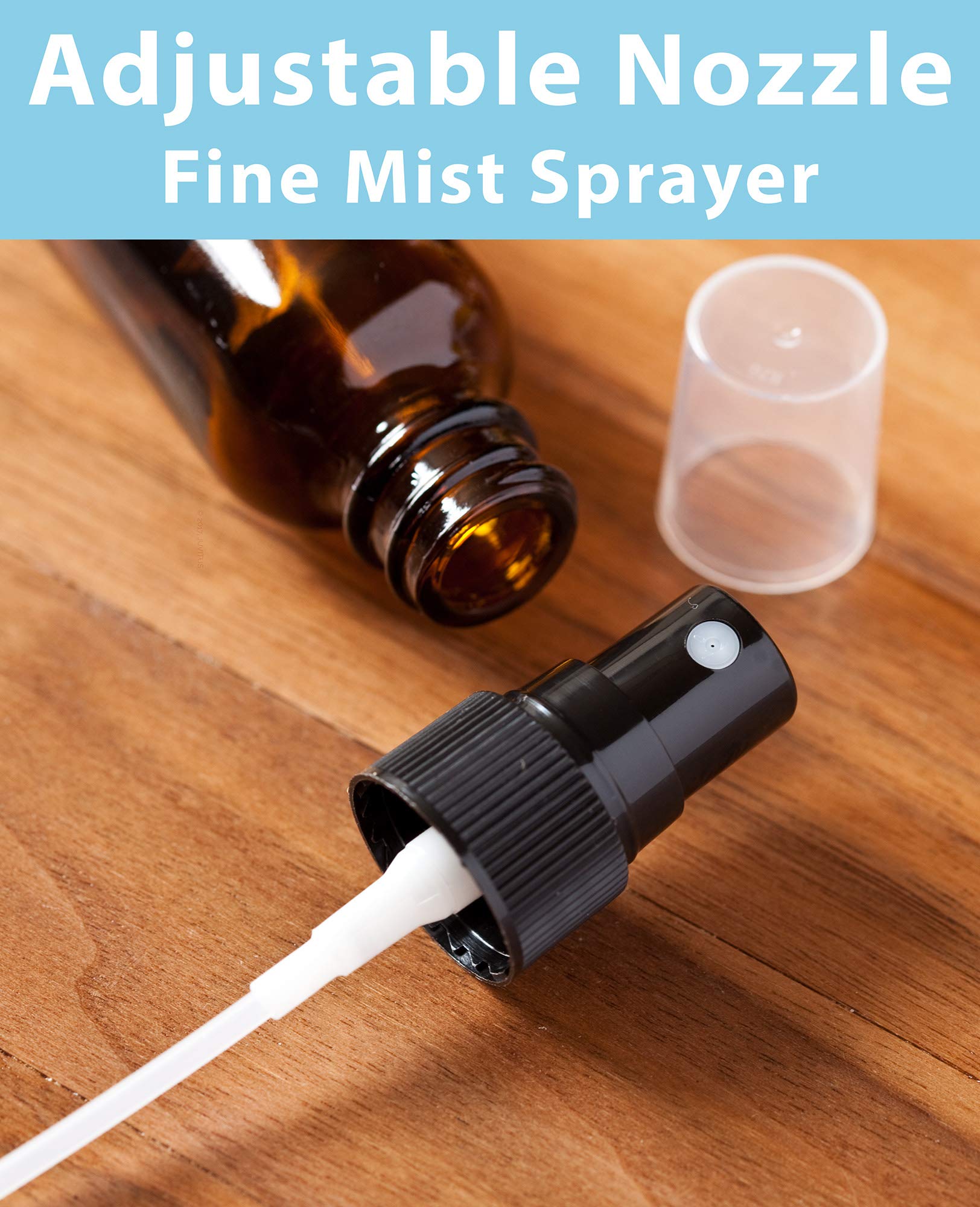 JUVITUS 1 oz Amber Glass Boston Round Bottle with Black Fine Mist Sprayer (12 Pack) + Funnel - Perfect for Essential Oils, DIY Skincare, Hair Care & Travel Size Products