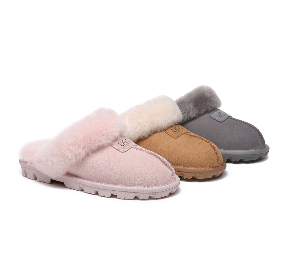 Australian Shepherd® UGG Slippers for Women - Double Faced Sheepskin Wool Suzie Scuff House Shoes - Cozy Indoor & Outdoor Winter Slippers for Home, Office & Travel