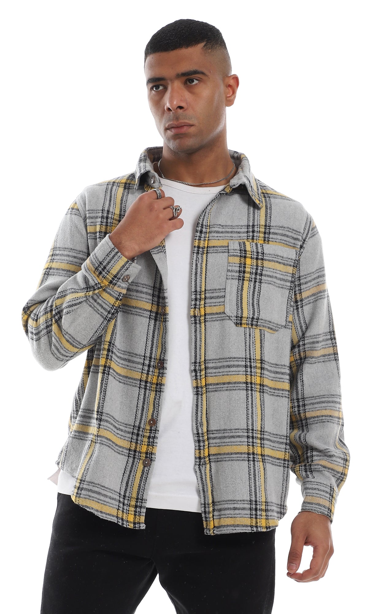 Classic Plaid Winter Shirt with Full Button Front & Collar - Grey & Yellow Checkered Flannel Shirt for Men | Cozy Casual Wear & Outdoor Activities