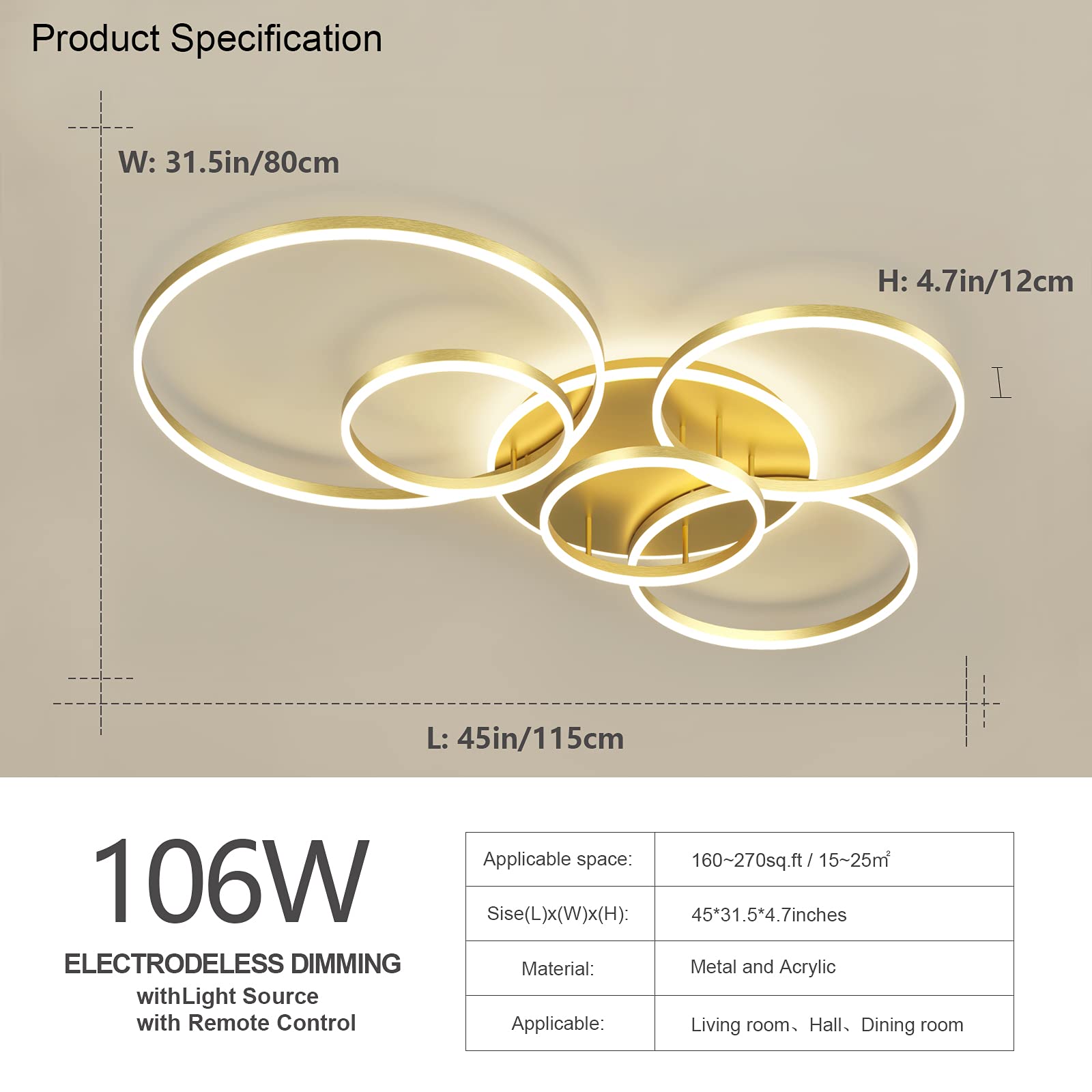 Modern 106W Dimmable LED Ceiling Light with Remote Control - 6 Ring Acrylic Flush Mount Chandelier in Gold Finish for Living Room, Dining Room, Bedroom & Kitchen | Energy-Efficient Home Lighting for Modern Interiors & Cozy Ambiance