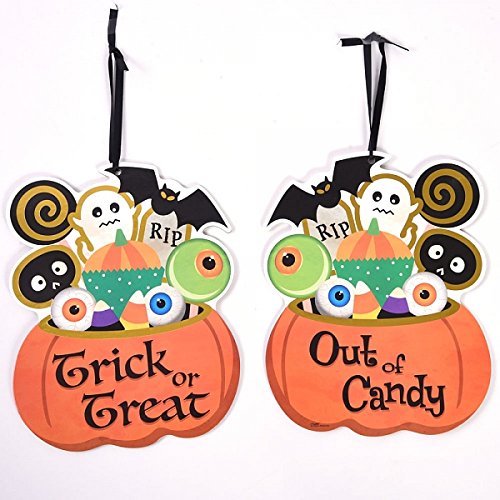 FLOMO Halloween Trick or Treat Sign - Reversible Out of Candy Decor (4-Pack) - Perfect for Front Door, Porch & Halloween Party Decorations