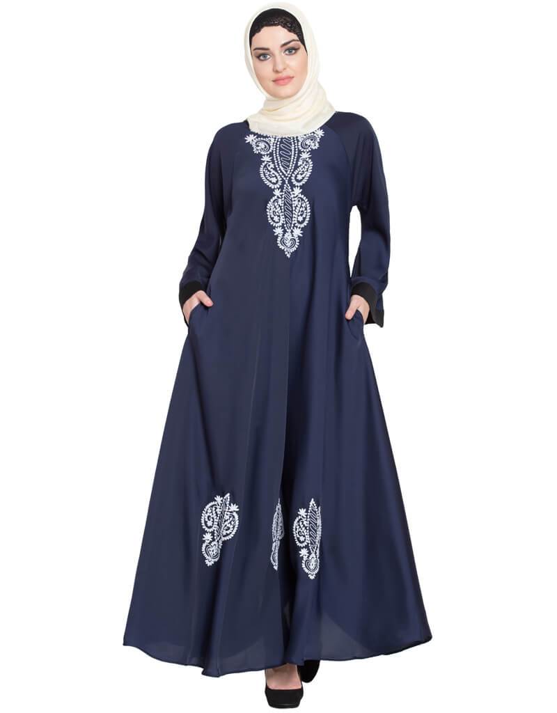 Hand Embroidered Arabic Umbrella Nida Abaya in Blue - Perfect for Islamic Prayer, Mosque Visits & Special Occasions
