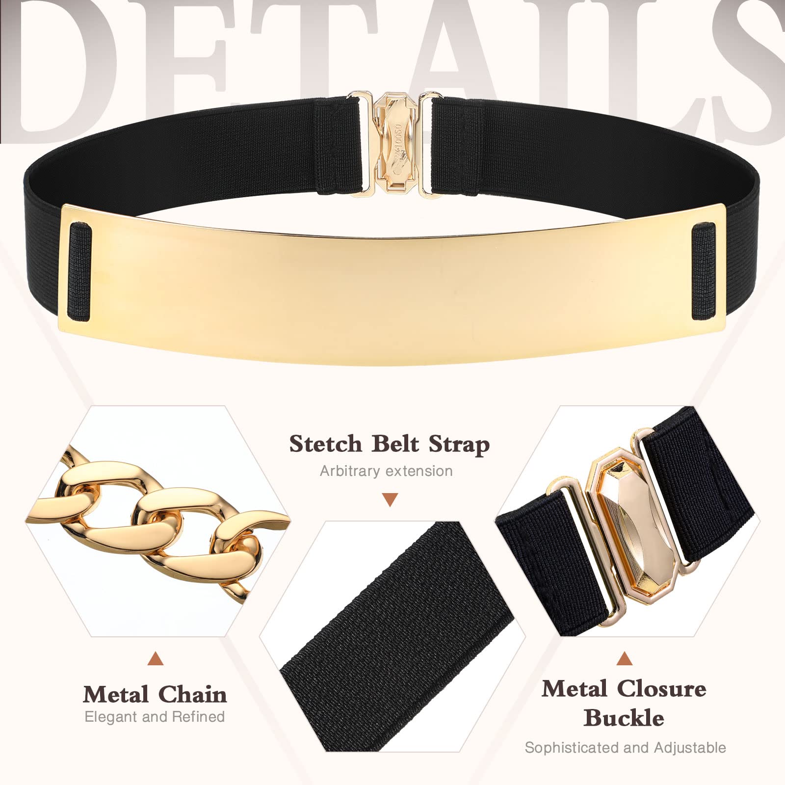 Zhanmai 4-Piece Women's Fashion Belt Set - Gold Metal Stretch Waist Belt, Skinny & Wide Chain Elastic Belts for Dresses, Jeans & Outfits | Perfect for Casual, Office & Party Wear