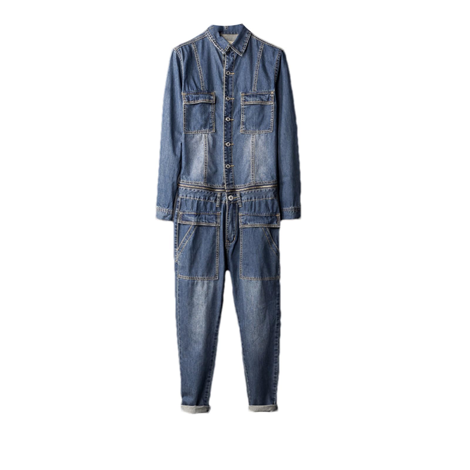 **Aoleaky Men's Denim Overalls - Long Sleeve Lapel Collar Loose Fit Blue Jeans with Detachable Zipper | Durable Workwear Jumpsuits for Farming, Construction & Casual Wear**