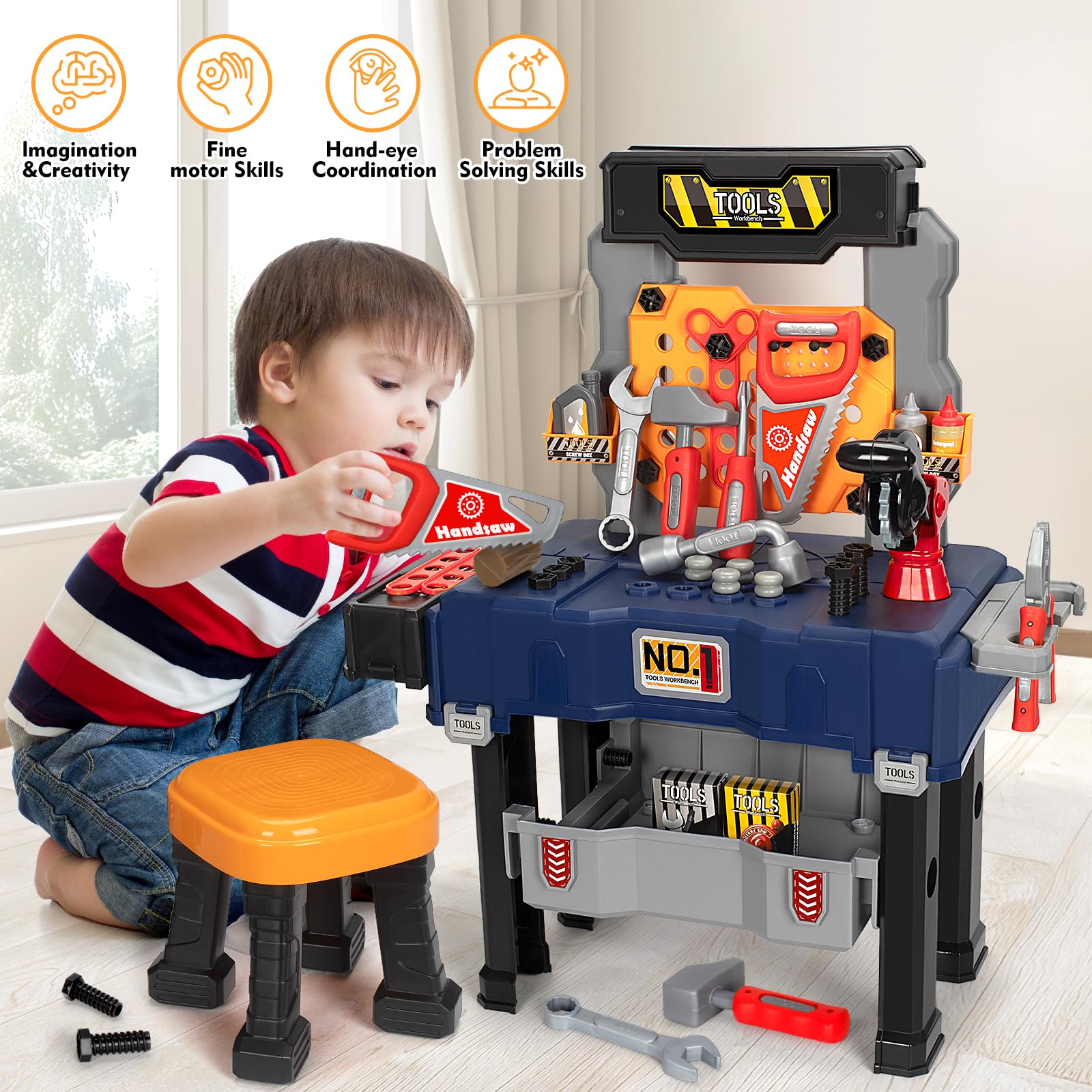 **Kids Tool Bench Set with Electric Drill & Chair - Construction Toy for Boys & Girls Ages 3-5 - Christmas & Birthday Gift - Transformable Tool Box for Pretend Play - Perfect for DIY & Role-Playing Fun**