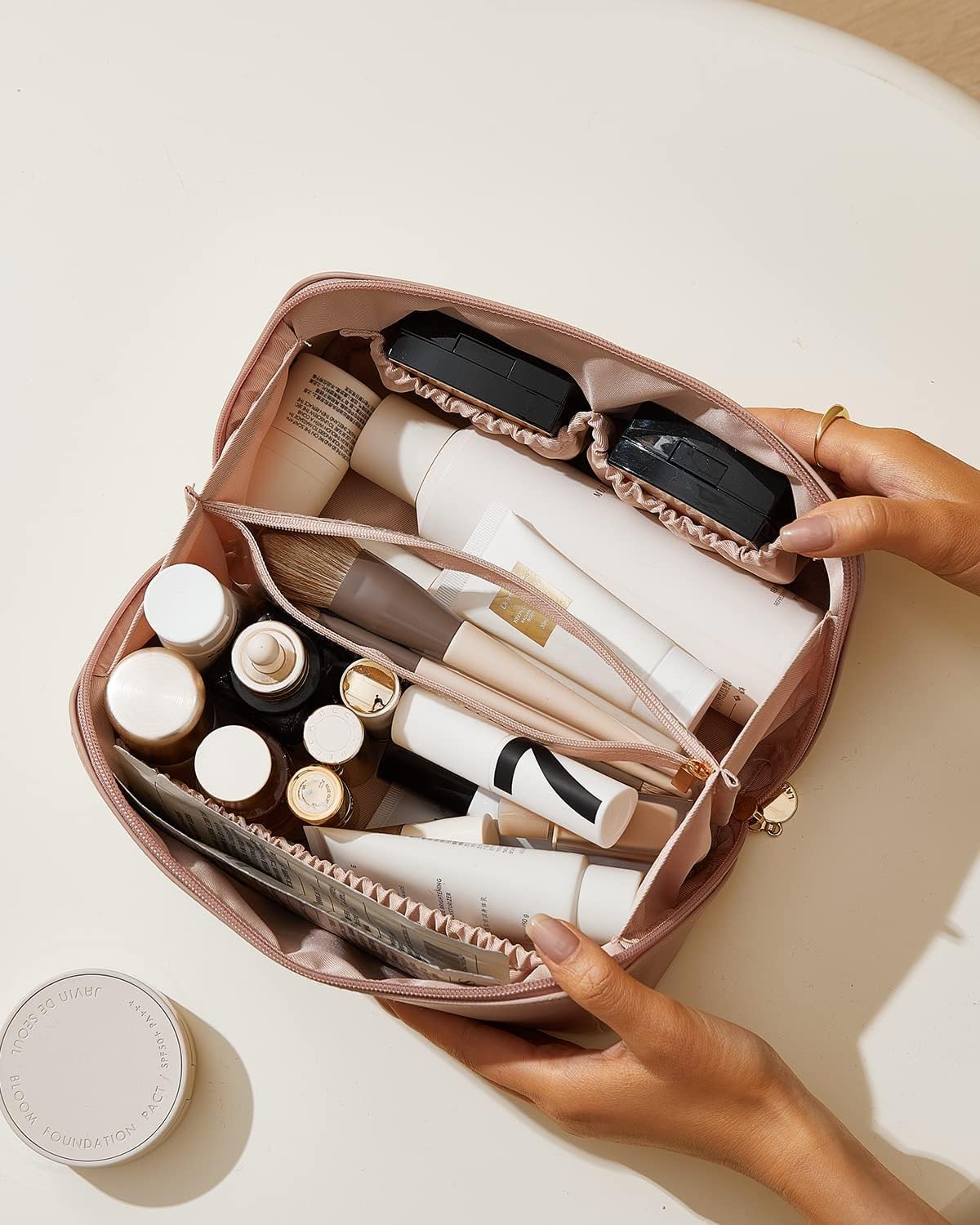 PETRICE Leather Makeup Travel Bag for Women - Portable Cosmetic Organizer with Handle & Divider, Wide Opening Pink Makeup Pouch (11.5cm) - Perfect for Airplane Carry-on, Gym Essentials & Weekend Getaways