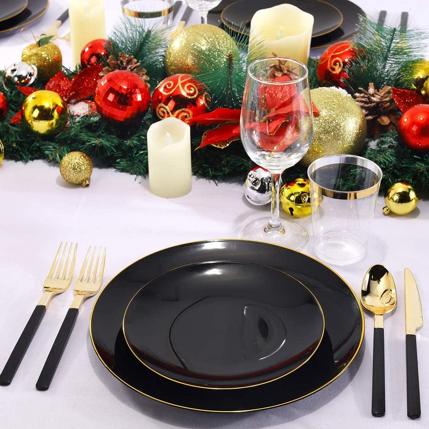450-Piece Organic Collection Black & Gold Rim Plastic Dinnerware Set - 10