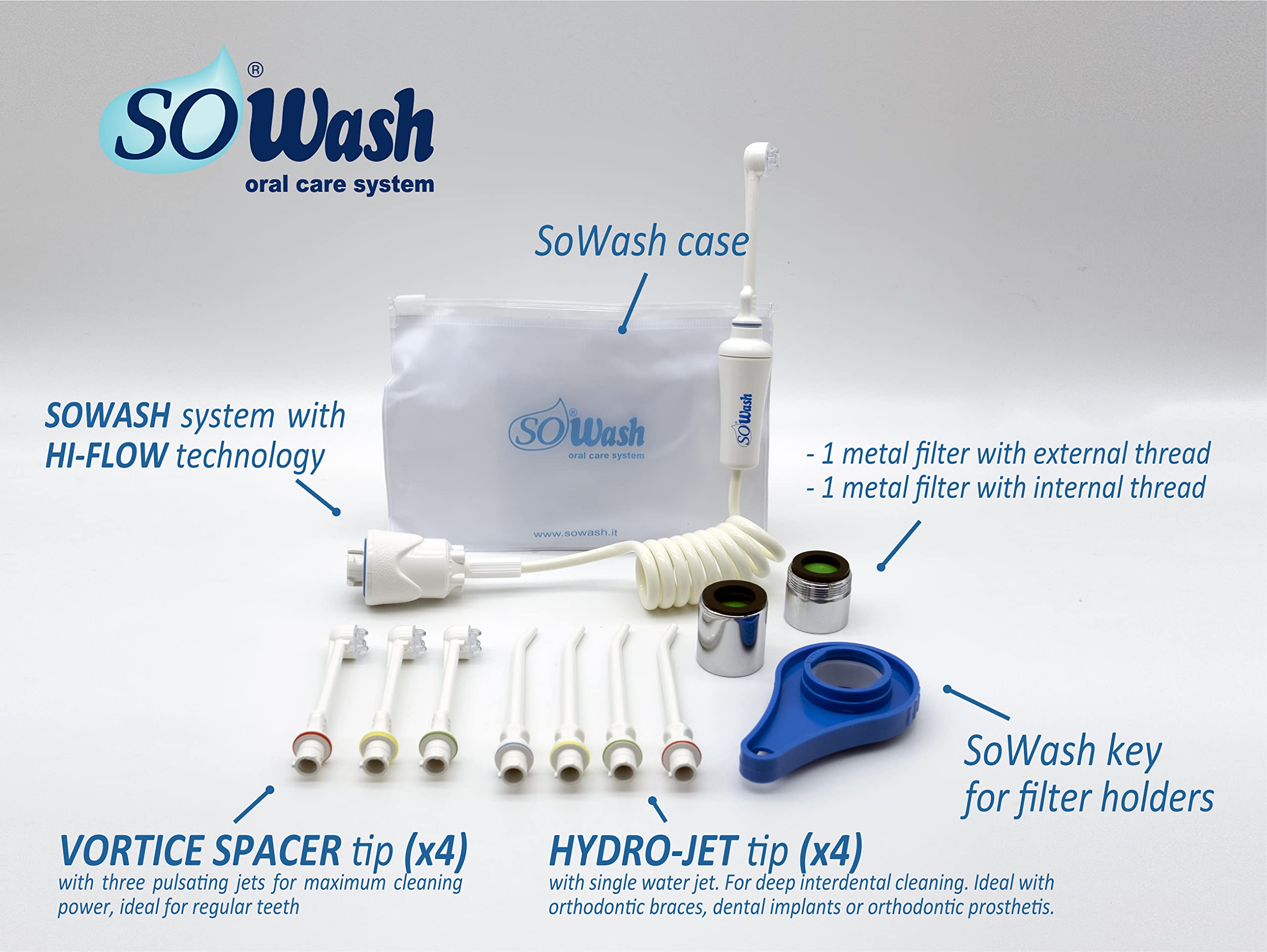 Idropulsore Dentale SoWash Family | Irrigatore Dentale Senza Batterie | Collega al Rubinetto | 4 Testine Vortice con 3 Getti Pulsanti + 4 Testine Idrogetto | Prodotto Italiano | Per Igiene Orale Completa a Casa