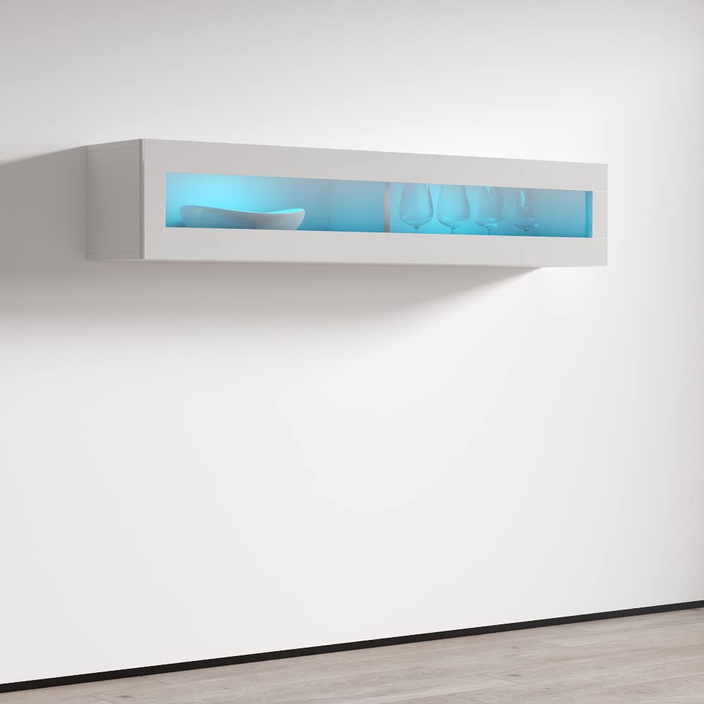 Modern Floating Media Cabinet - White High Gloss Wooden Wall-Mounted TV Stand with LED Lights for Living Room, Bedroom & Home Theater Storage