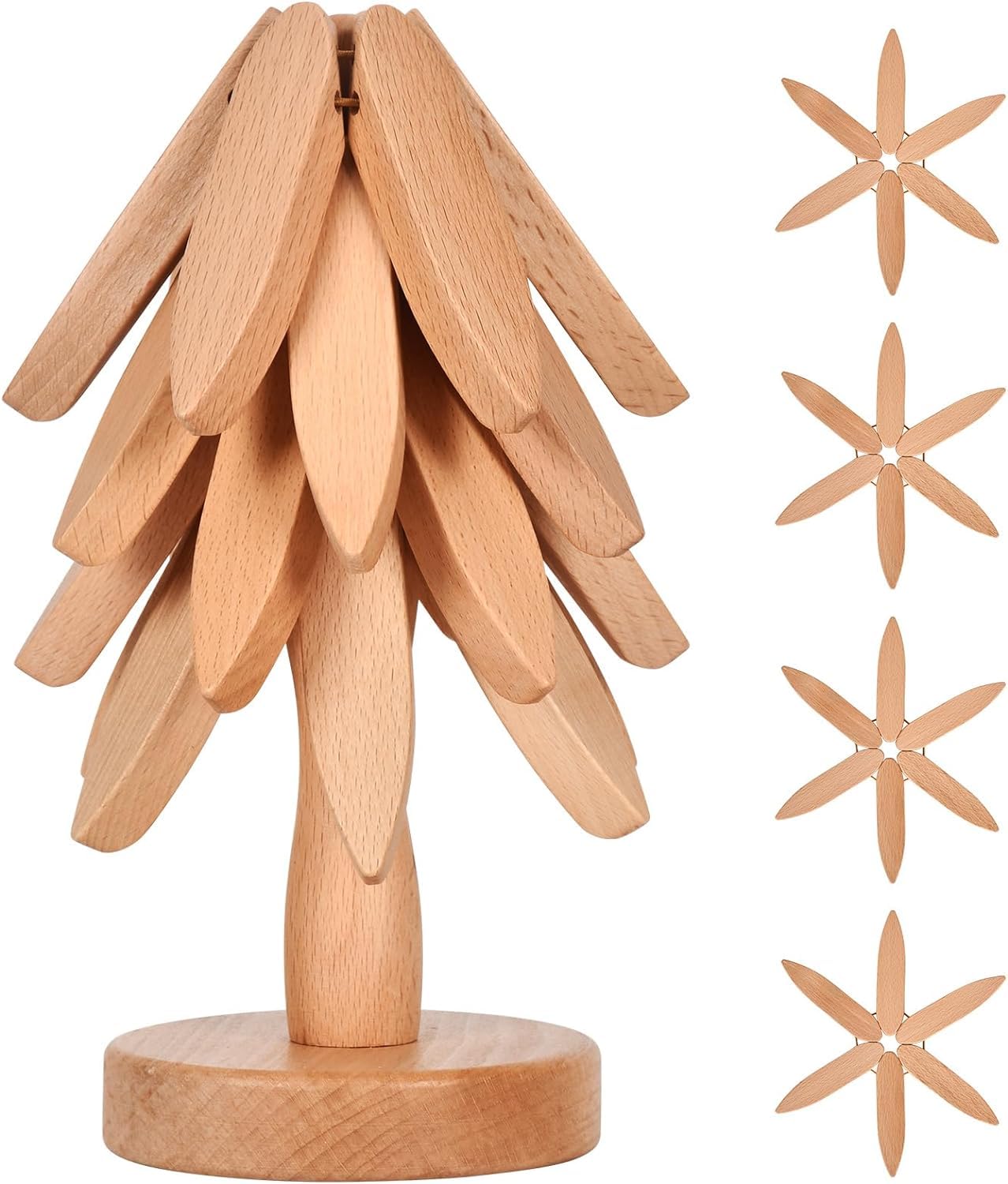 Premium Wooden Tripod Stand for Hot Dishes, Pots & Bowls - 4 Wooden Tripods + 1 Vertical Stand Set with Walnut Table Mat - Perfect for Serving Hot Pots, Teapots & Dishes at Dinner Parties & Family Gatherings (White)
