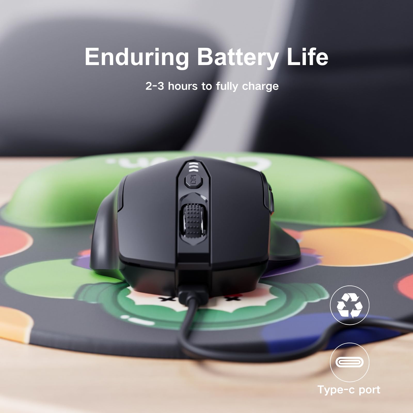 Upgraded 2.4GHz Wireless Mouse with Rechargeable Battery & Visible Battery Level - Ergonomic Computer Mouse with 4 DPI Levels for Laptop, PC, Mac - Matte Black - Perfect for Office, Gaming & Home Use