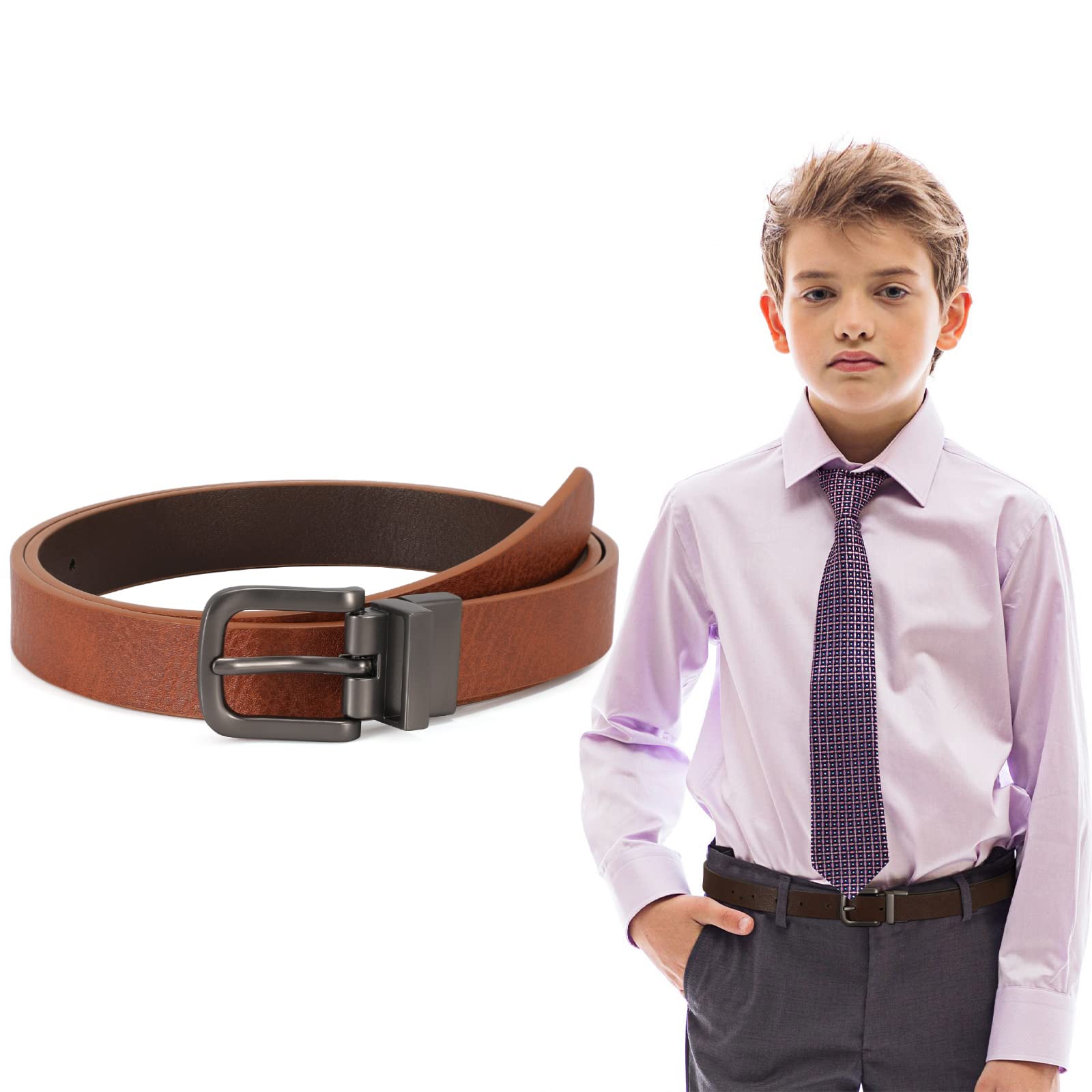 SUOSDEY Reversible Leather Belt for Boys - Adjustable Kids Belt for School Uniform, Jeans & Casual Wear - Classic Back to School Accessory for Children