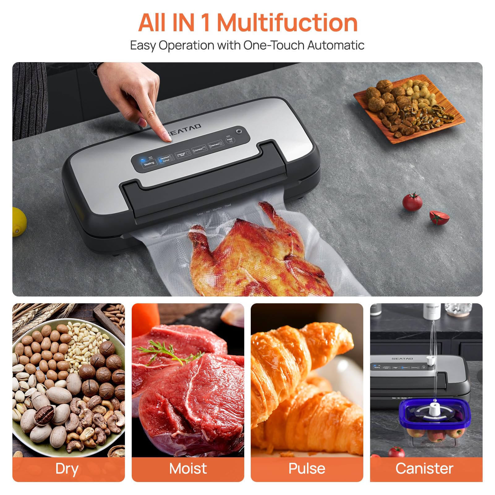 SEATAO 80Kpa Vacuum Sealer Machine for Food Preservation - Dry & Moist Modes, Locking Handle Design, Removable Drip Tray, Built-in Cutter & Bag Storage | Perfect for Meal Prep, Sous Vide, Freezing & Extending Food Freshness