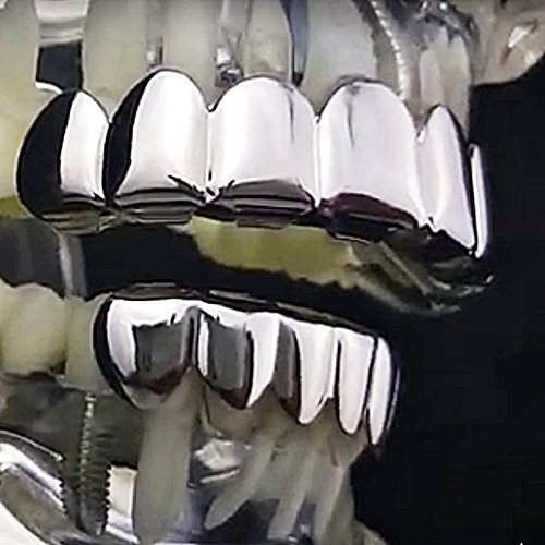 8-Piece Silver Tone Hip Hop Teeth Grill Set - 6 Lower & 2 Upper Grills for Men & Women | Perfect for Rap Performances, Music Videos, and Streetwear Fashion