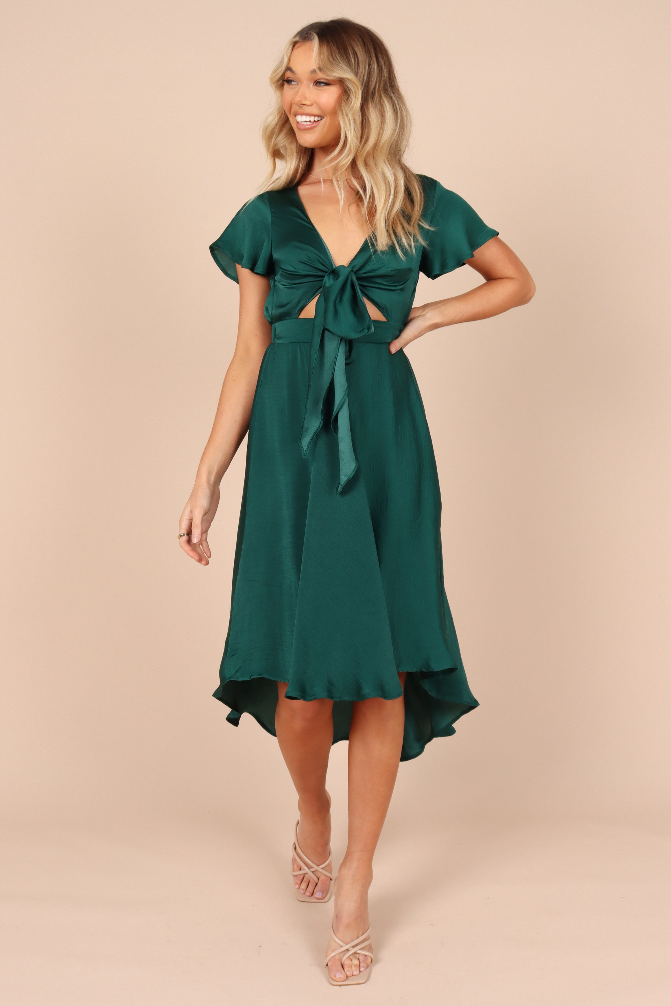 Amanda Women's Hi-Lo Tie Front Dress in Emerald Green - Perfect for Casual Outings, Parties & Special Occasions