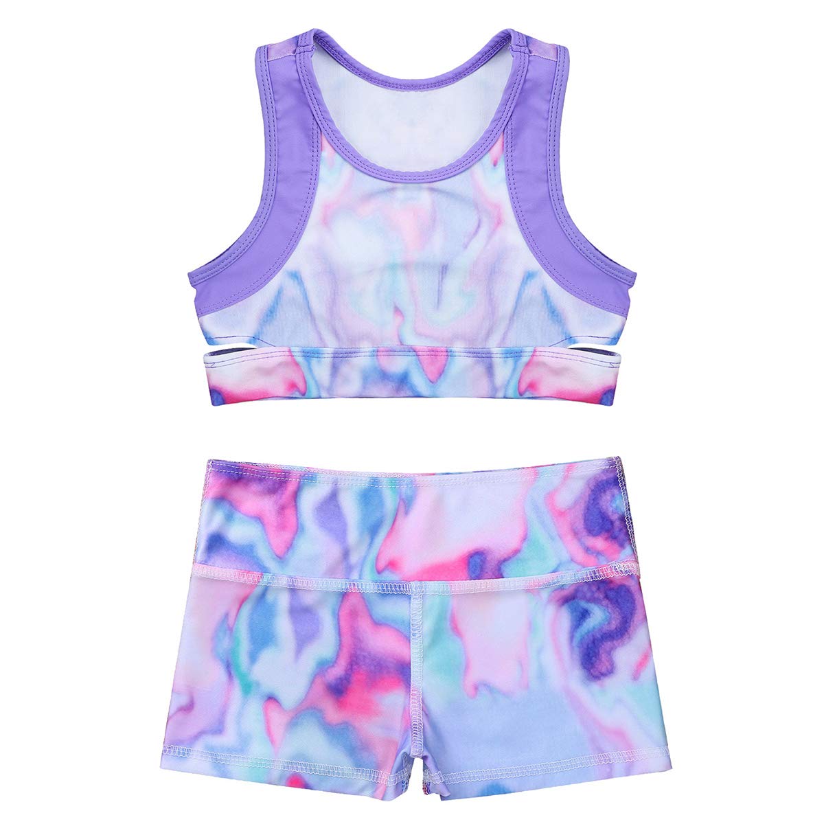 **Hansber Girls' 2-Piece Tie-Dye Gymnastics Outfit - Crop Top & Boyshorts Set for Dance, Swim & Sports | Perfect for Gymnastics Practice, Beach Swimwear & Dance Performances**