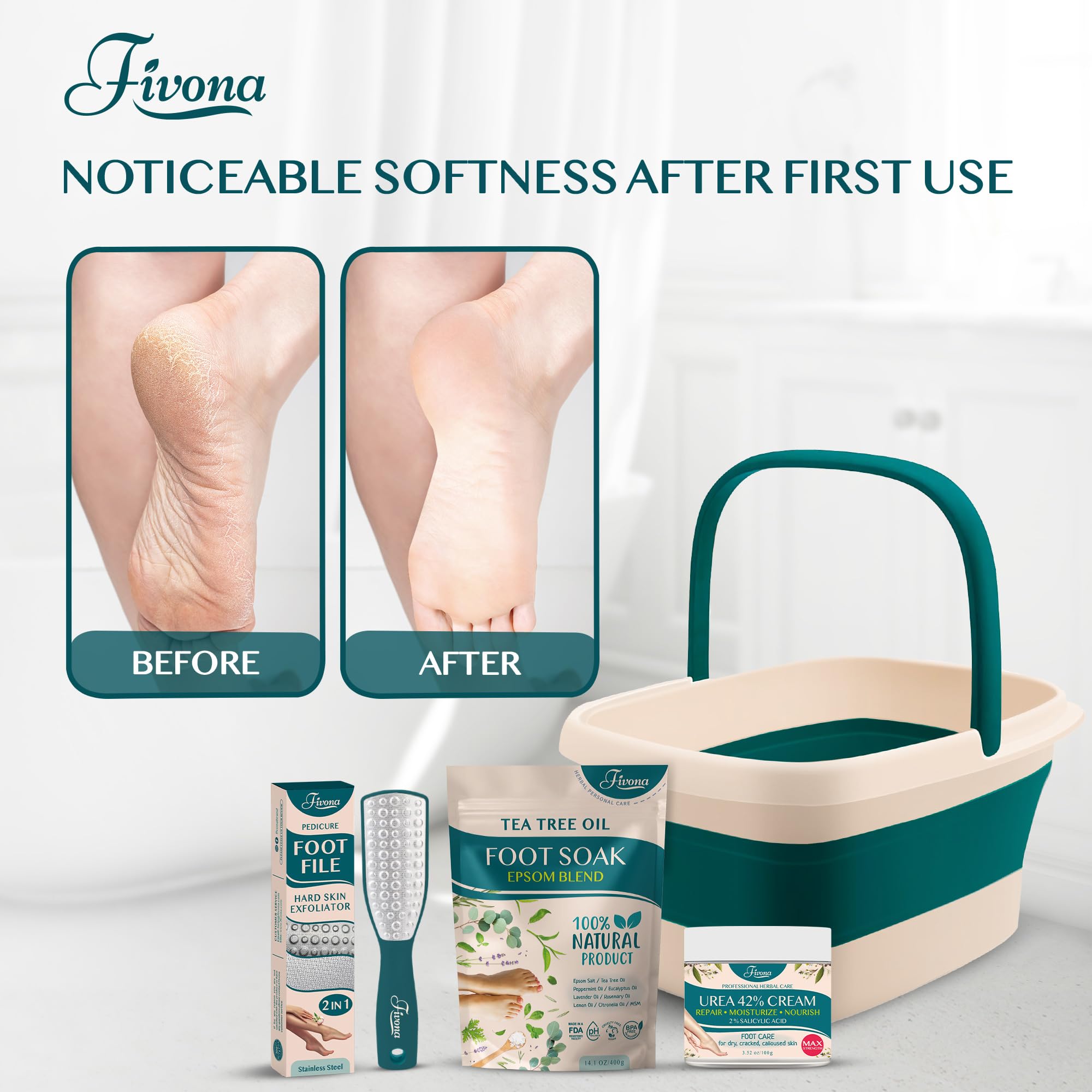 Fivona 4-in-1 Professional Foot Care Kit with Epsom Salt & Essential Oils - Collapsible Foot Soak Basin, 42% Urea Moisturizing Cream for Calluses, Dual Action Foot File - Perfect for Pedicure, Dry Cracked Heels & At-Home Spa Treatment