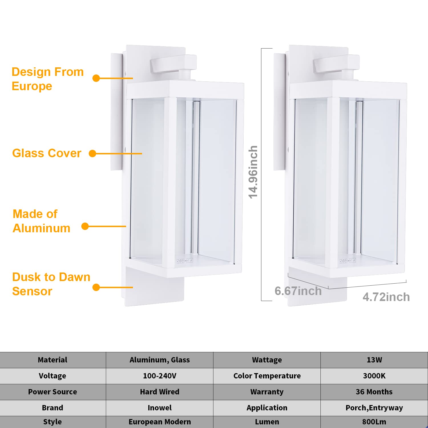 Outdoor Wall Sconce Lantern with Dusk to Dawn Sensor - White LED Exterior Light, IP54 Waterproof, Aluminum Wall Mount Lamp - 13W 800Lm 3000K Warm Light for Porch, Front Door, Garden, Patio & Pathway Lighting