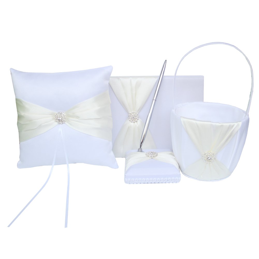 4pcs Wedding Set - Flower Girl Basket, Ring Bearer Pillow, Guest Book with Pen & Rhinestone Pen Holder - Ivory Bridal Shower Decor for Rustic Wedding Ceremony - Perfect for Church, Outdoor & Garden Weddings