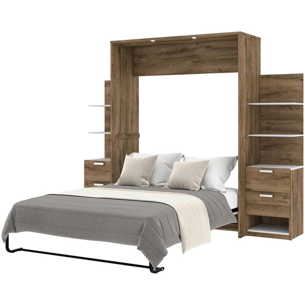 Modern Wood Queen Murphy Bed with Nightstands - Rustic Brown & White Finish - Space-Saving Wall Bed for Small Apartments, Guest Rooms & Home Offices