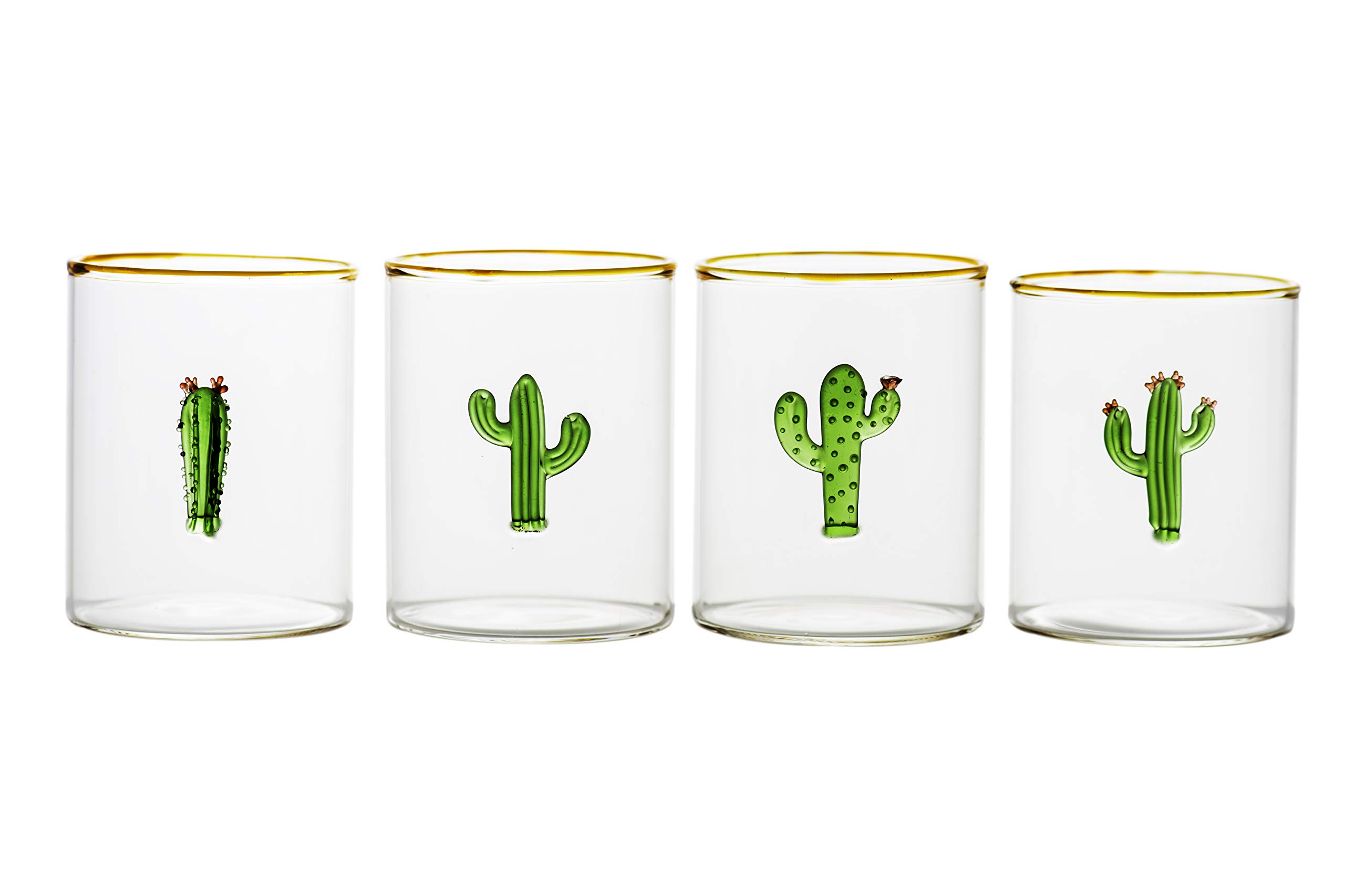 Abigail's Aztec Cactus Cocktail Glasses Set of 4 - Clear & Green Handmade Mexican Style Drinking Glasses for Margaritas, Mojitos & Party Decor - Perfect for Cinco de Mayo, Summer BBQs & Housewarming Gifts