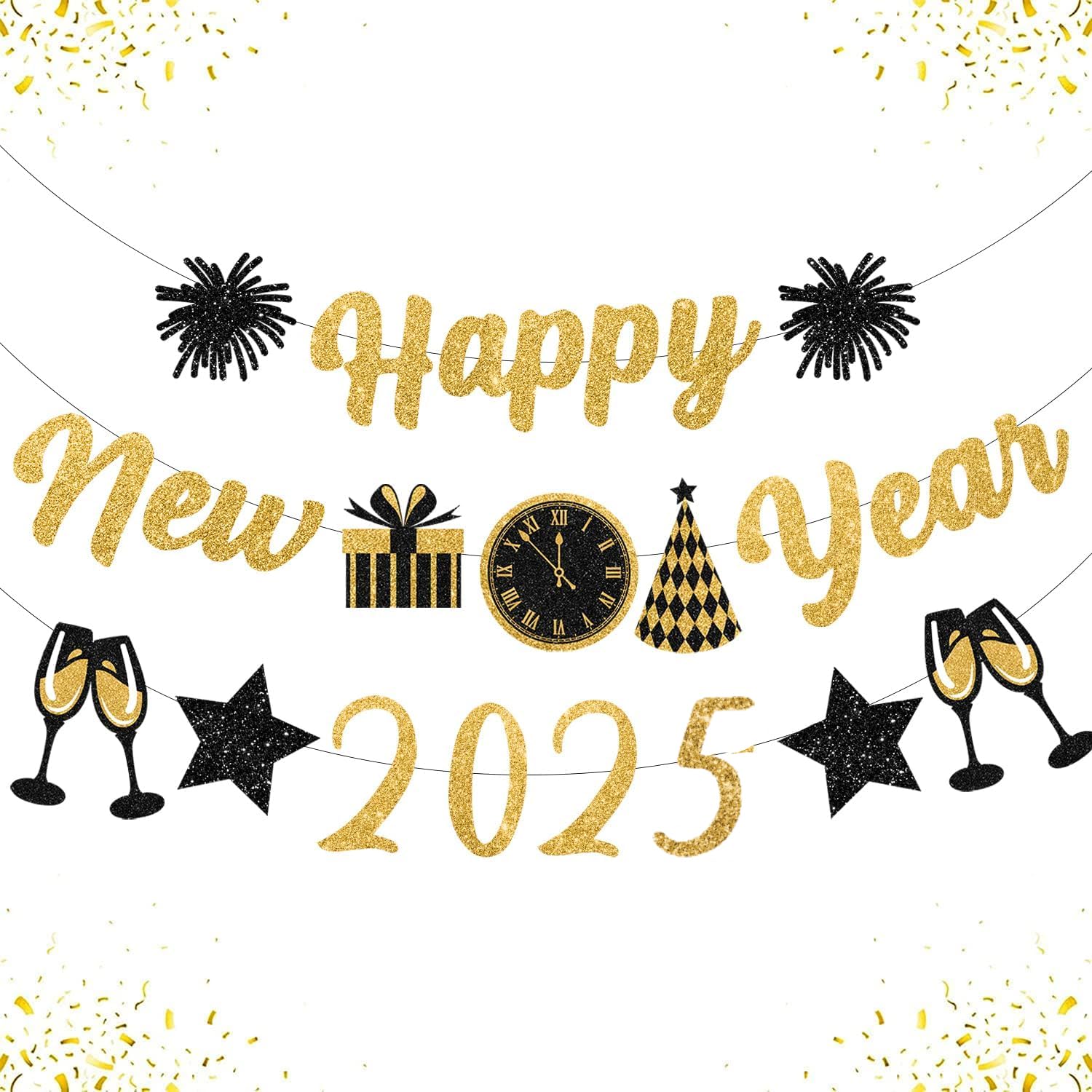 2025 Gold & Black Glitter Happy New Year Banner - New Year's Eve Party Decorations & Sign for NYE Celebrations | Perfect for Home, Office & Holiday Party Decor