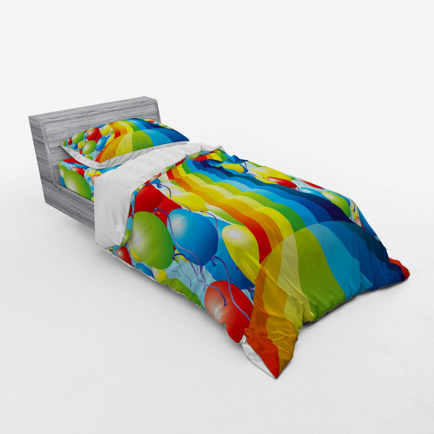 Ambesonne Vibrant Balloons & Rainbow Ribbons Duvet Cover Set - 3 Piece Twin XL Bedding with Sham & Fitted Sheet - Birthday Party Decor, Kids Room, Special Event Celebration - Multicolor