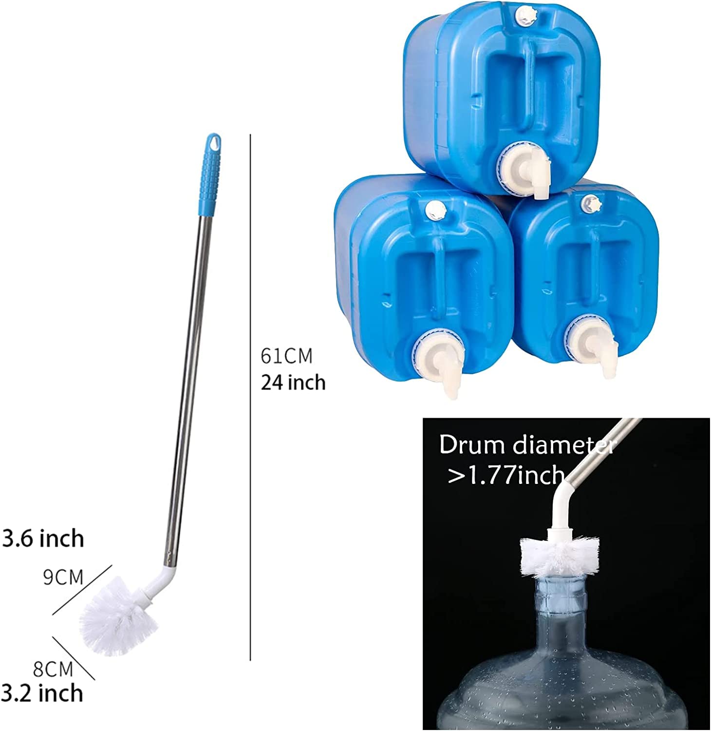 SPAREQUE Stainless Steel Water Bucket & Bottle Brush with Long Handle - Heavy Duty Scrubber for 1 to 5 Gallon Jugs, Pails & Containers - Durable Nylon Bristles & Rust-Proof Steel Handle - Perfect for Home Brewing, RV Water Tanks & Farm Animal Watering Systems