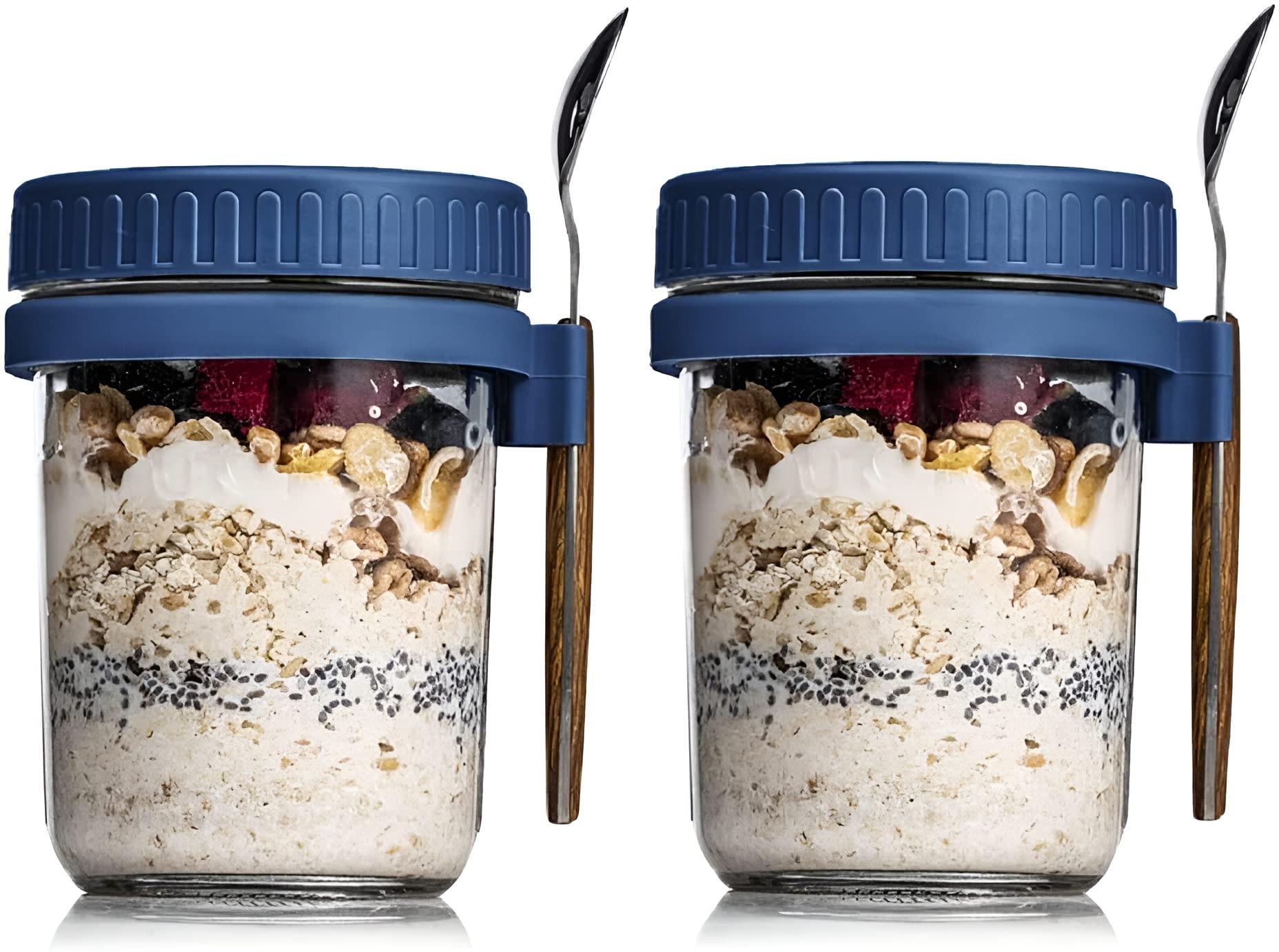 WHISKET 300ml Overnight Oats Jar with Lid & Spoon - BPA-Free Meal Prep Container for Oats, Yogurt, Milk, Fruit & Salad - Includes Measurement Marks (Grey/Blue) - Perfect for Breakfast, Office Lunch & Healthy Snacks On-The-Go