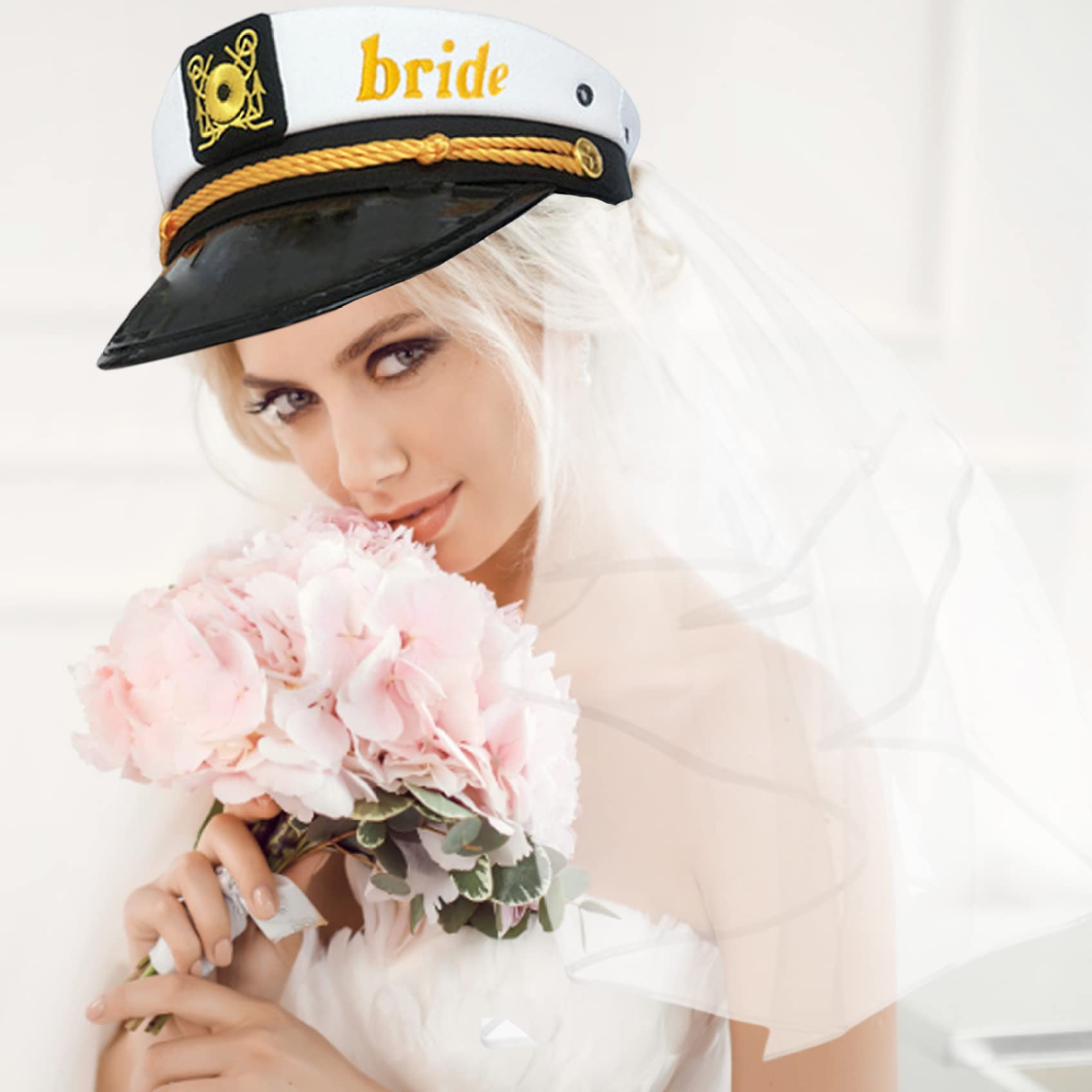Captain Hat with Veil - Navy Blue Marine Wedding Hat for Brides, Bachelorette Parties & Hen Nights | Stylish Boating Accessory for Bridal Showers, Nautical Themed Events & Costume Parties