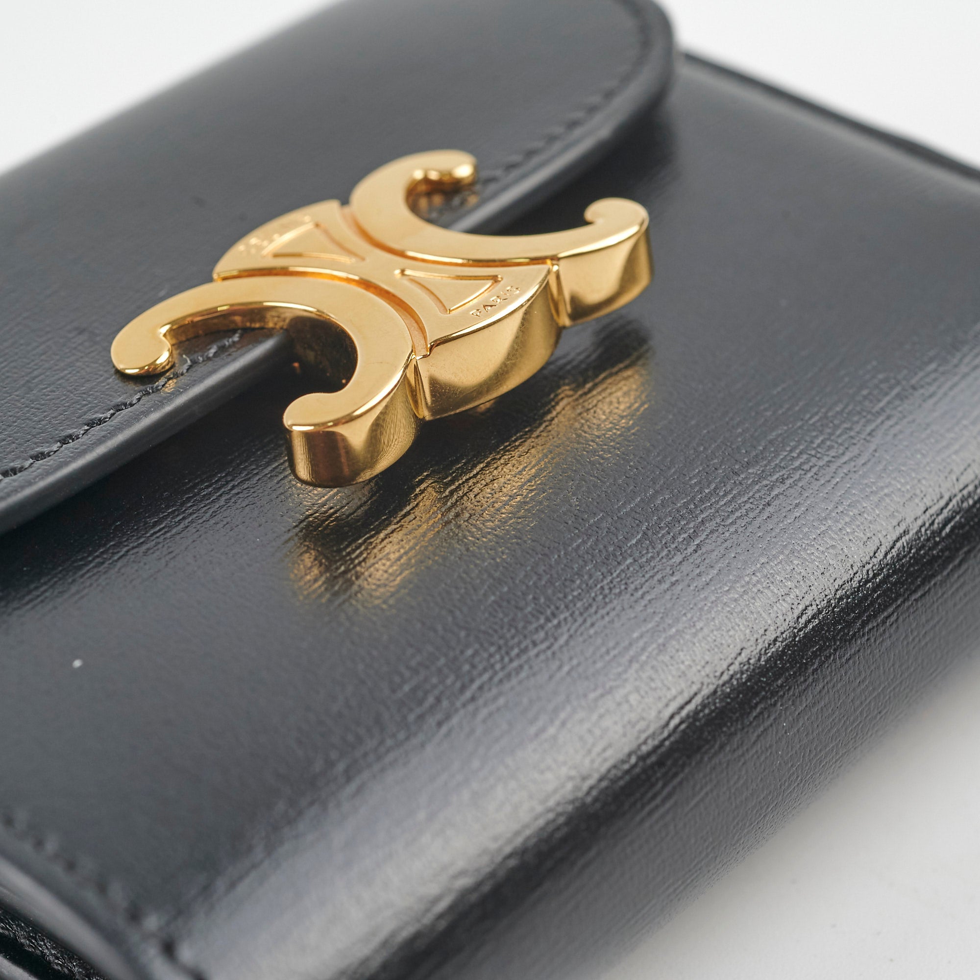 Celine Compact Wallet with Coin Pocket Triomphe Logo in Shiny Calfskin Leather - Perfect for Everyday Use & Travel Essentials
