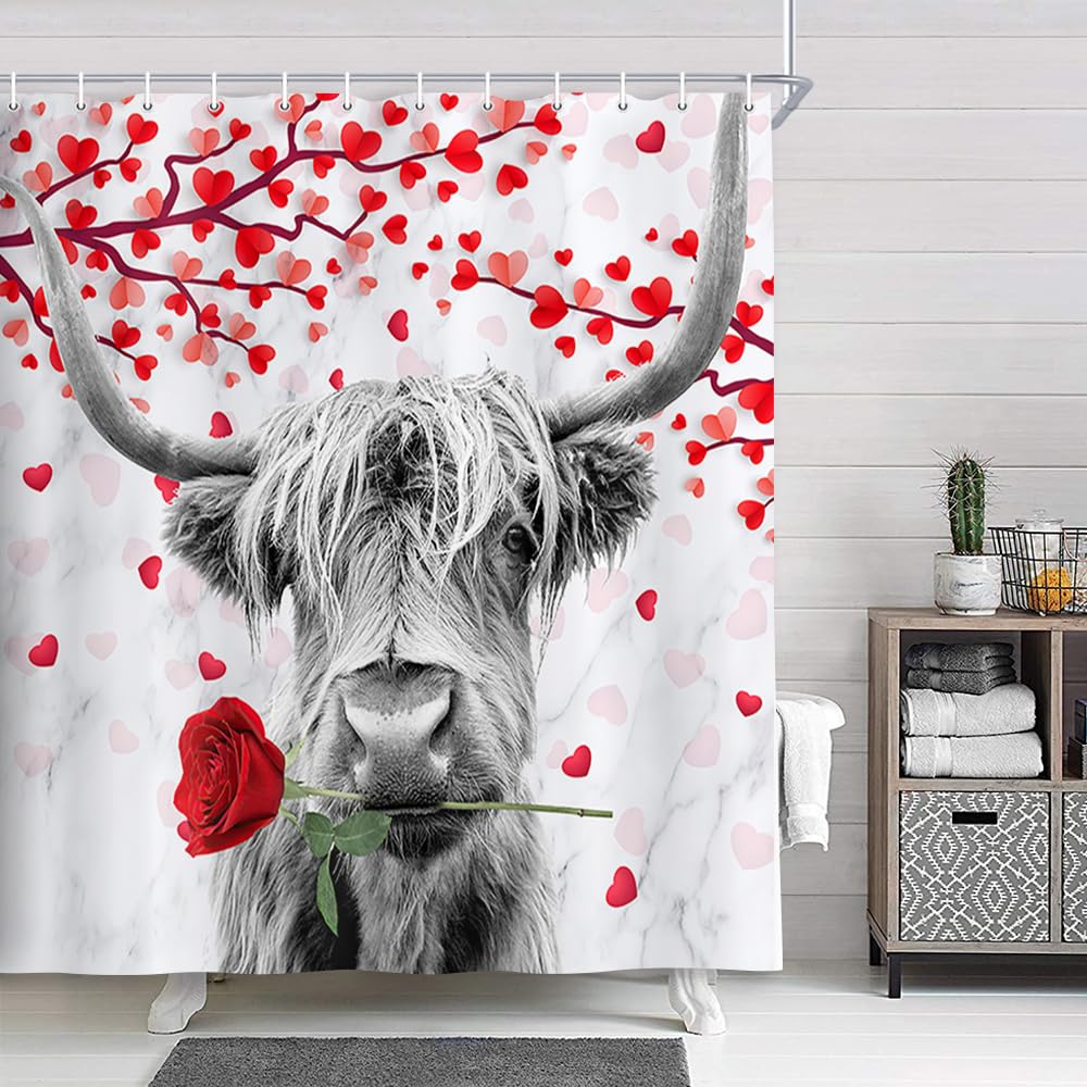 Funny Highland Cow Valentine's Day Shower Curtain - Farmhouse Western Rustic Bathroom Decor with Red Heart Tree Design, Includes Hooks (72x72 Inches) | Perfect for Farmhouse Bathrooms, Valentine's Gifts & Country-Themed Home Decor