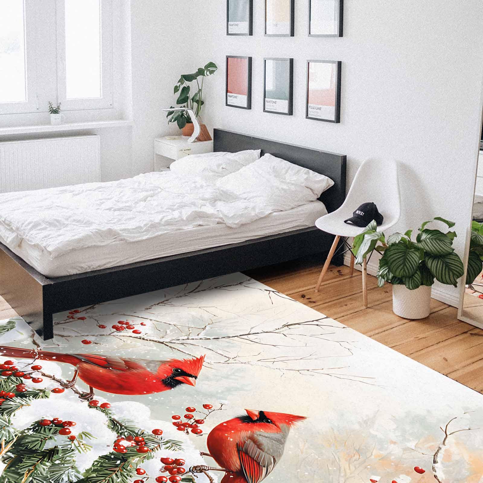 Non-Slip Christmas Indoor Area Rug - Red Birds Snowflake Berry Botanical Design - 3'x5' Kitchen Runner, Bathroom Mat for Bedroom, Living Room & Kids Room - Perfect for Holiday Decor & Cozy Home