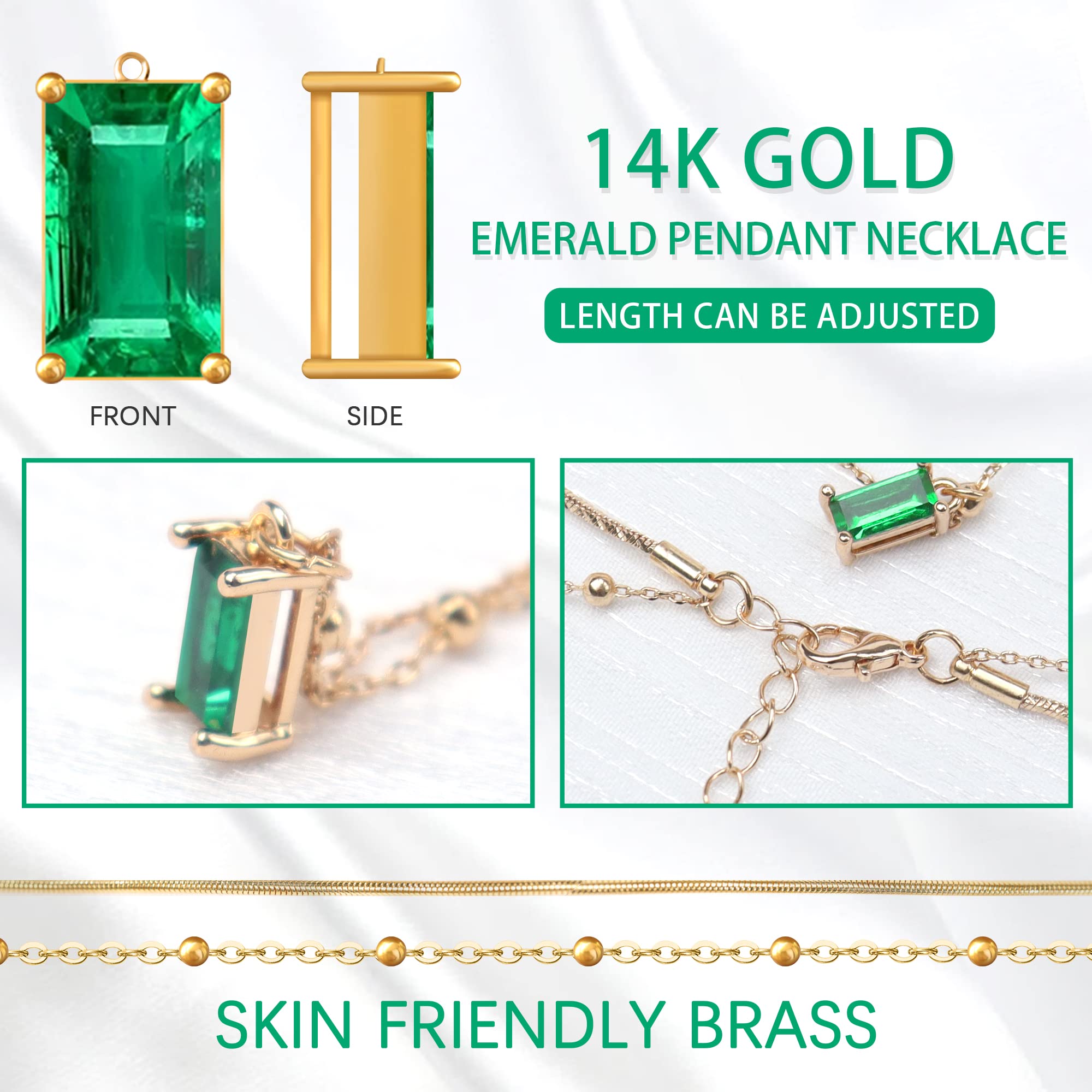 14K Gold Plated Emerald Rectangle Pendant Necklace for Women - Dark Green Layered Choker Jewelry, Perfect for Christmas Gifts, Date Nights & Layering Outfits