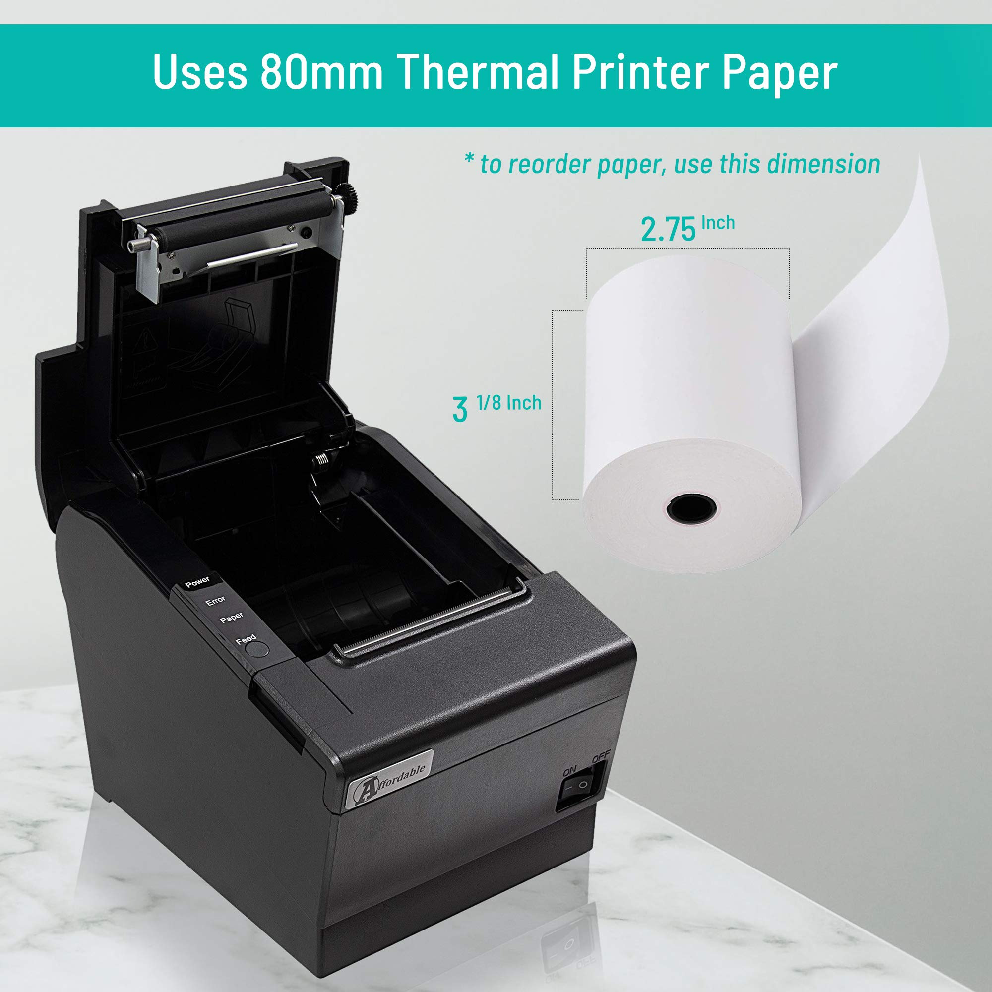 80mm Desktop Thermal Receipt Printer with Auto Cutter - High-Speed 250mm/s Printing - Glossy Black Design - Plug & Play for Retail, Restaurant & POS Systems