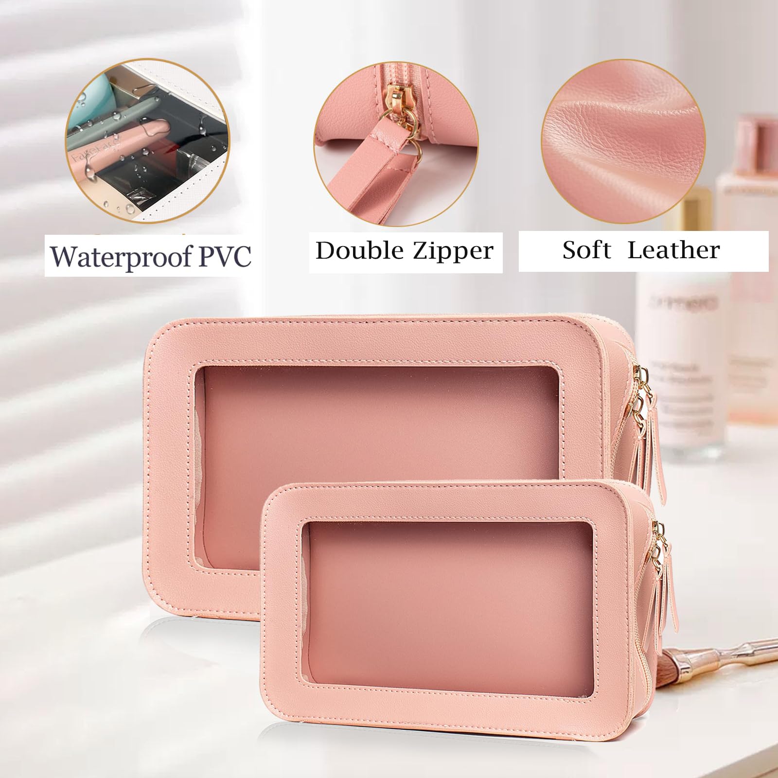 Clear Makeup Bag Travel Toiletry Organizer with Zipper - Waterproof Cosmetic Storage Pouch for Women & Men - TSA Approved Carry-on Essentials - Perfect for Air Travel, Gym, Beach & Daily Use (2 Pack, Pink)