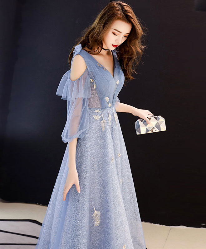 Elegant Blue V-Neck Tulle Lace Long Prom Dress | Formal Evening Gown for Women | Perfect for Homecoming, Wedding Guest & Special Occasions