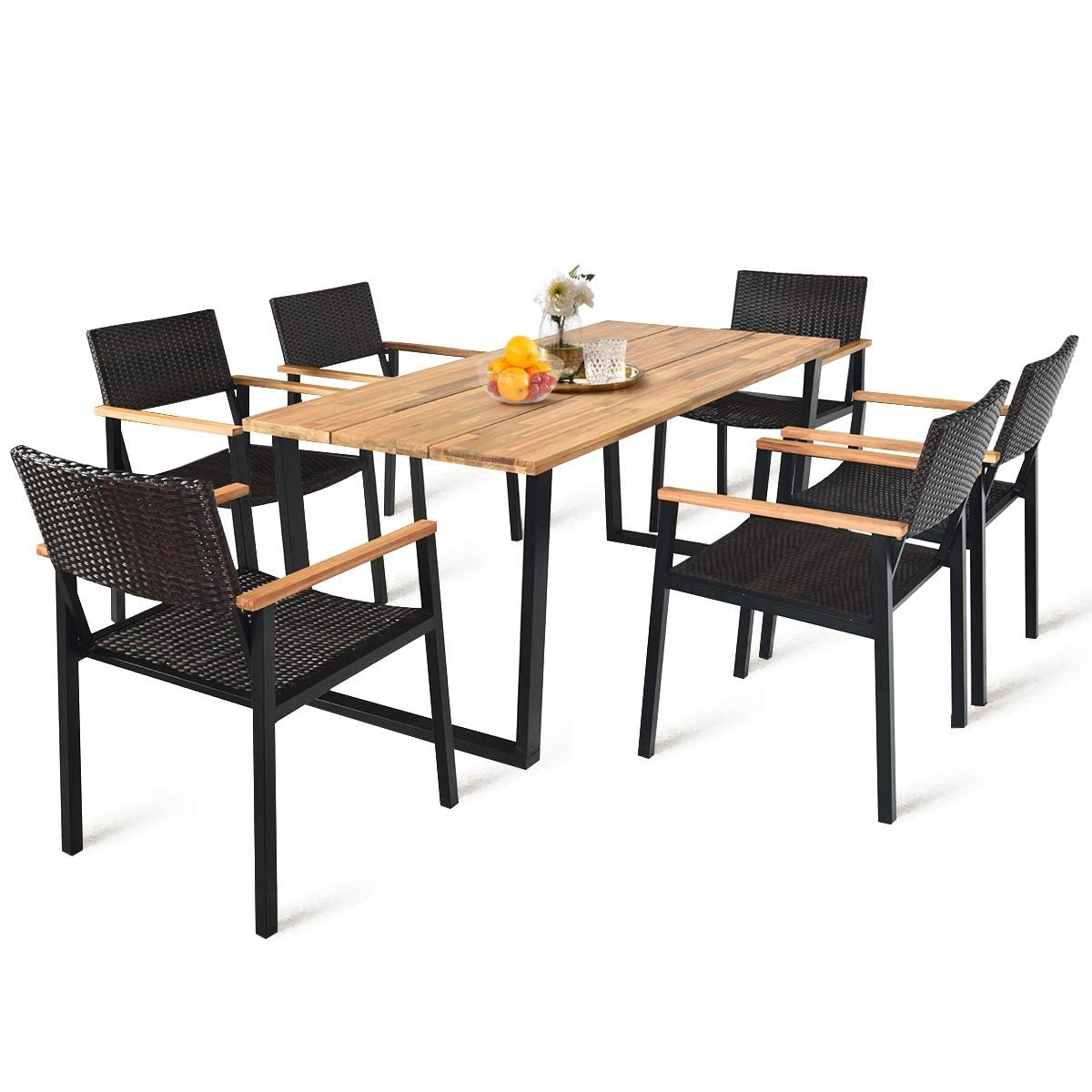HAPPYGRILL 7-Piece Outdoor Patio Dining Set with Acacia Wood Table & Wicker Chairs - Rectangle Table with Umbrella Hole - Perfect for Garden, Backyard, Poolside & Outdoor Entertaining