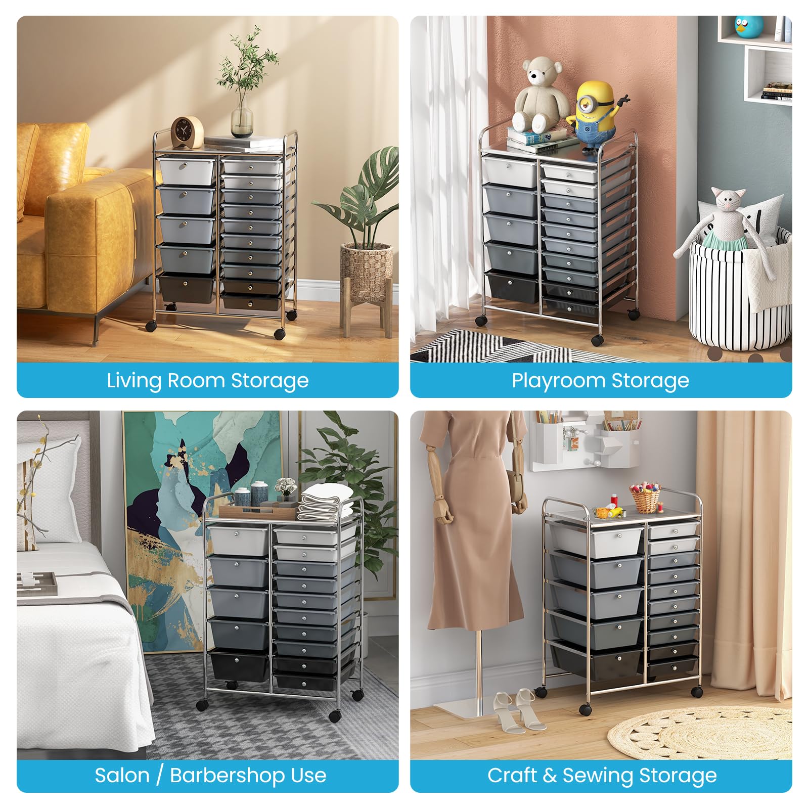 Giantex 15-Drawer Rolling Storage Cart with Wheels - Mobile Organizer for Classroom, Office, Home, School Supplies, Crafts, Art & Paper Storage - Perfect for Teachers, Students & DIY Projects
