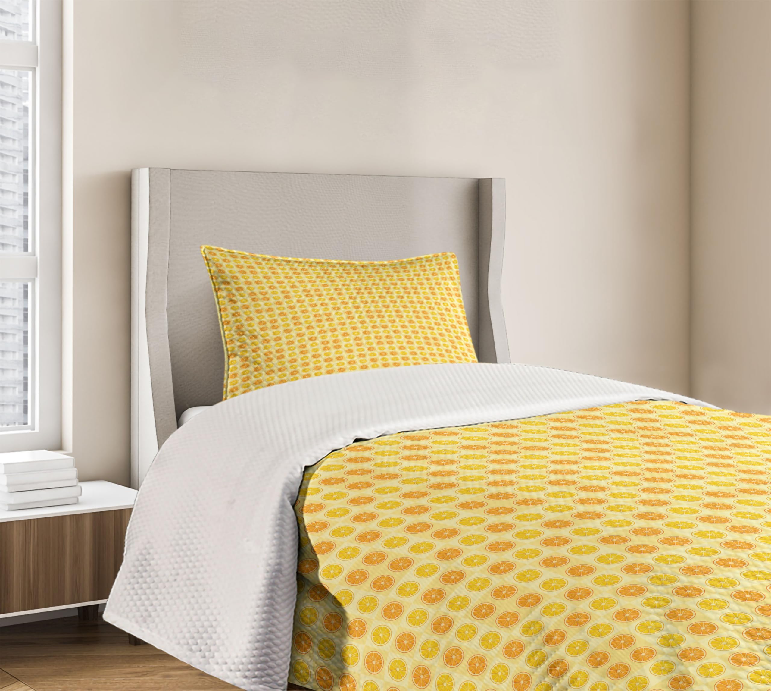 Ambesonne Citrus Fruit Bedspread Set - Twin Size, Pale Yellow for Cozy Bedroom Decor