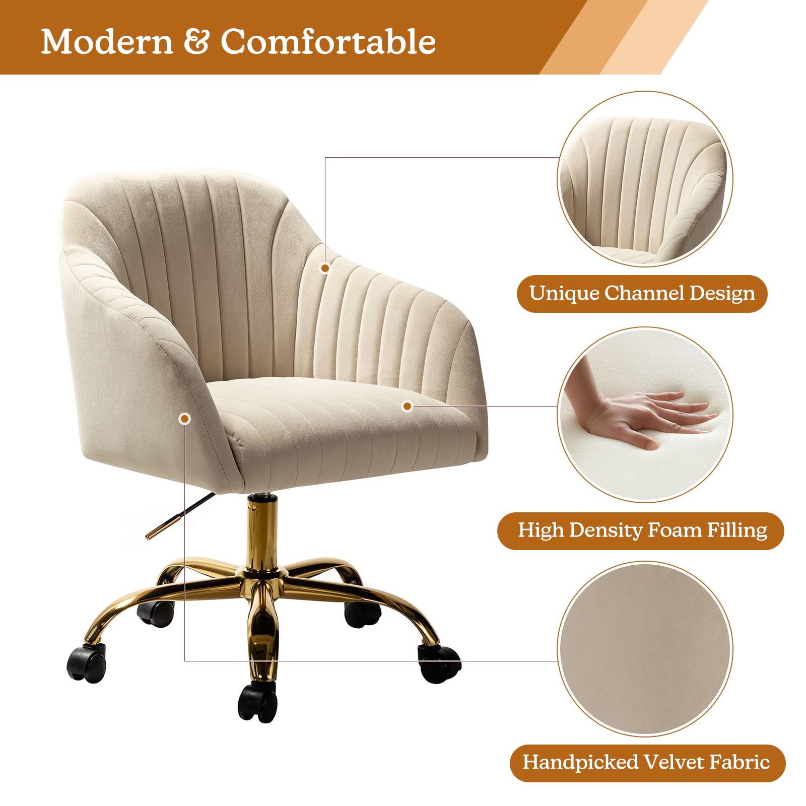 HULALA HOME Velvet Home Office Desk Chair - Modern Cute Computer Task Chair with Wheels, Swivel & Height Adjustable - Upholstered Vanity Chair for Women & Girls (Gold Base, Tan) - Perfect for Home Office, Gaming Setup, Study Room & Makeup Vanity