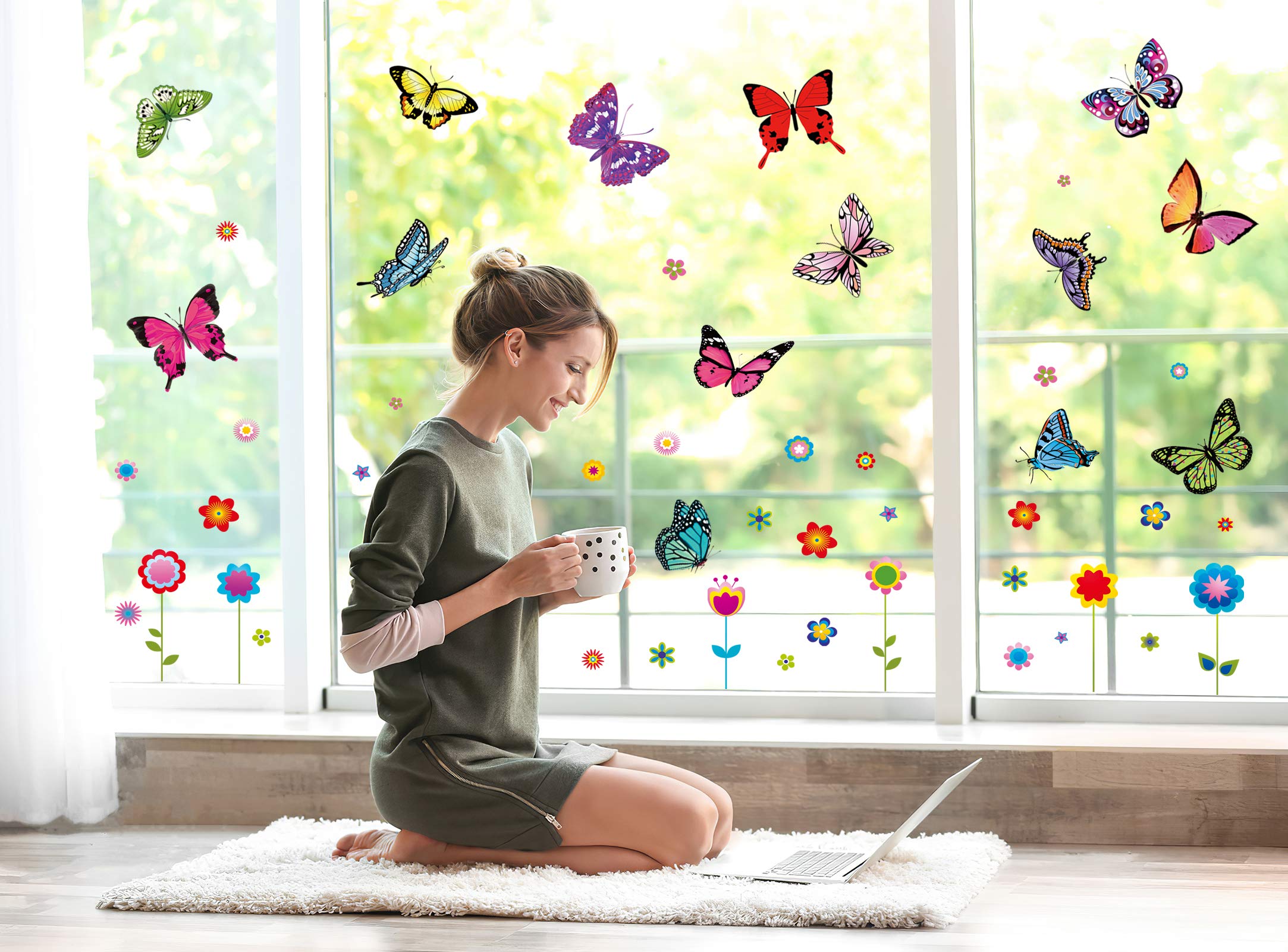 57-Piece Spring Flower Window Clings - Large Anti-Collision Butterfly & Flower Stickers for Glass Windows - Kids Safe Window Decals for Home, Office & Classroom Decor